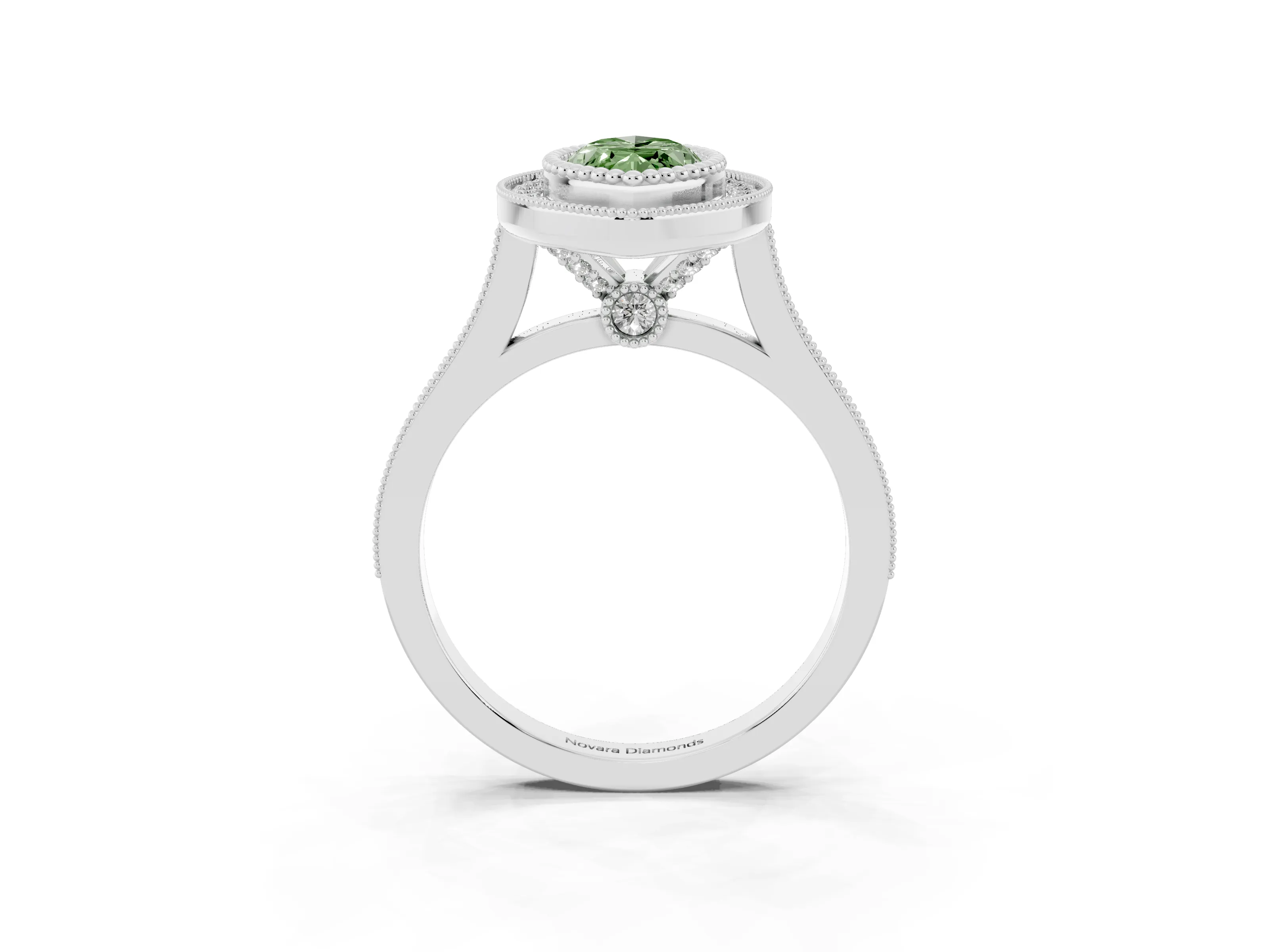 Fancy Green Marquise Cut Diamond Halo Ring Set in Silver with Milgrain Frame and Pavé Band