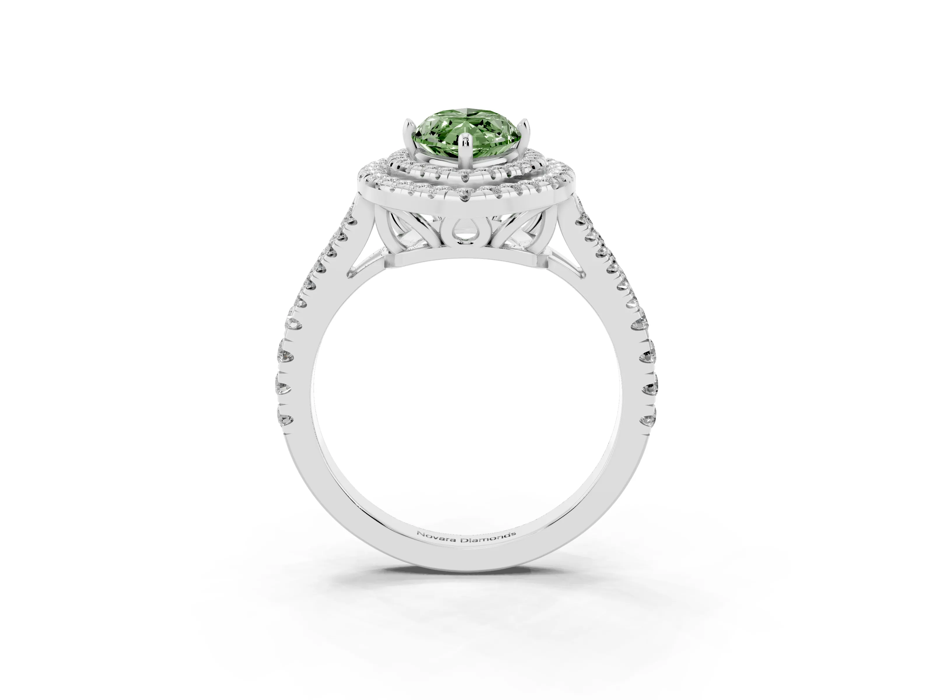 Fancy Green Marquise Cut Diamond Double Halo Ring Set in White gold with Pavé Band