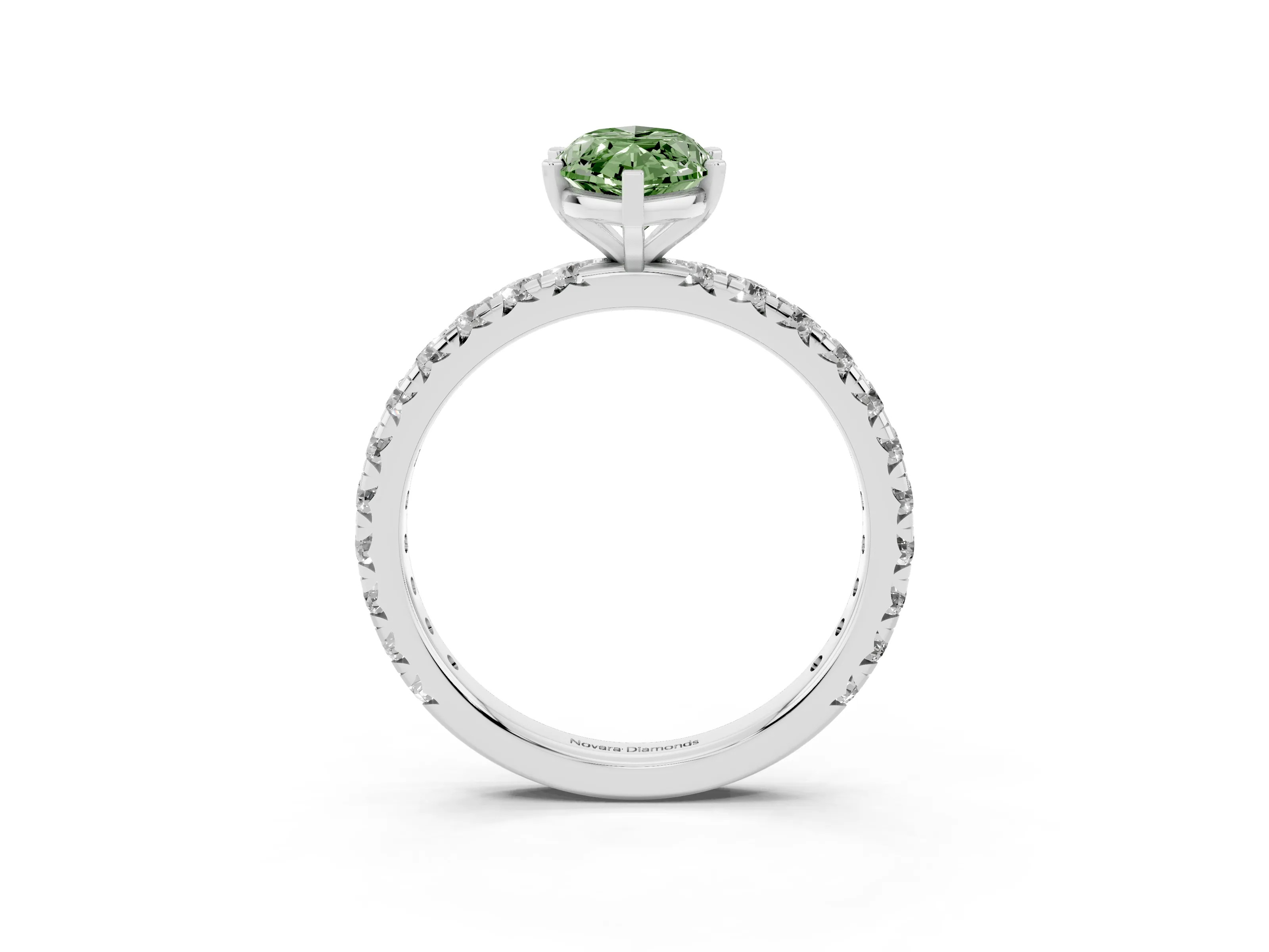 Fancy Green Marquise Cut Diamond Pavé Solitaire Ring Set in White gold with Round Band and Prong Setting