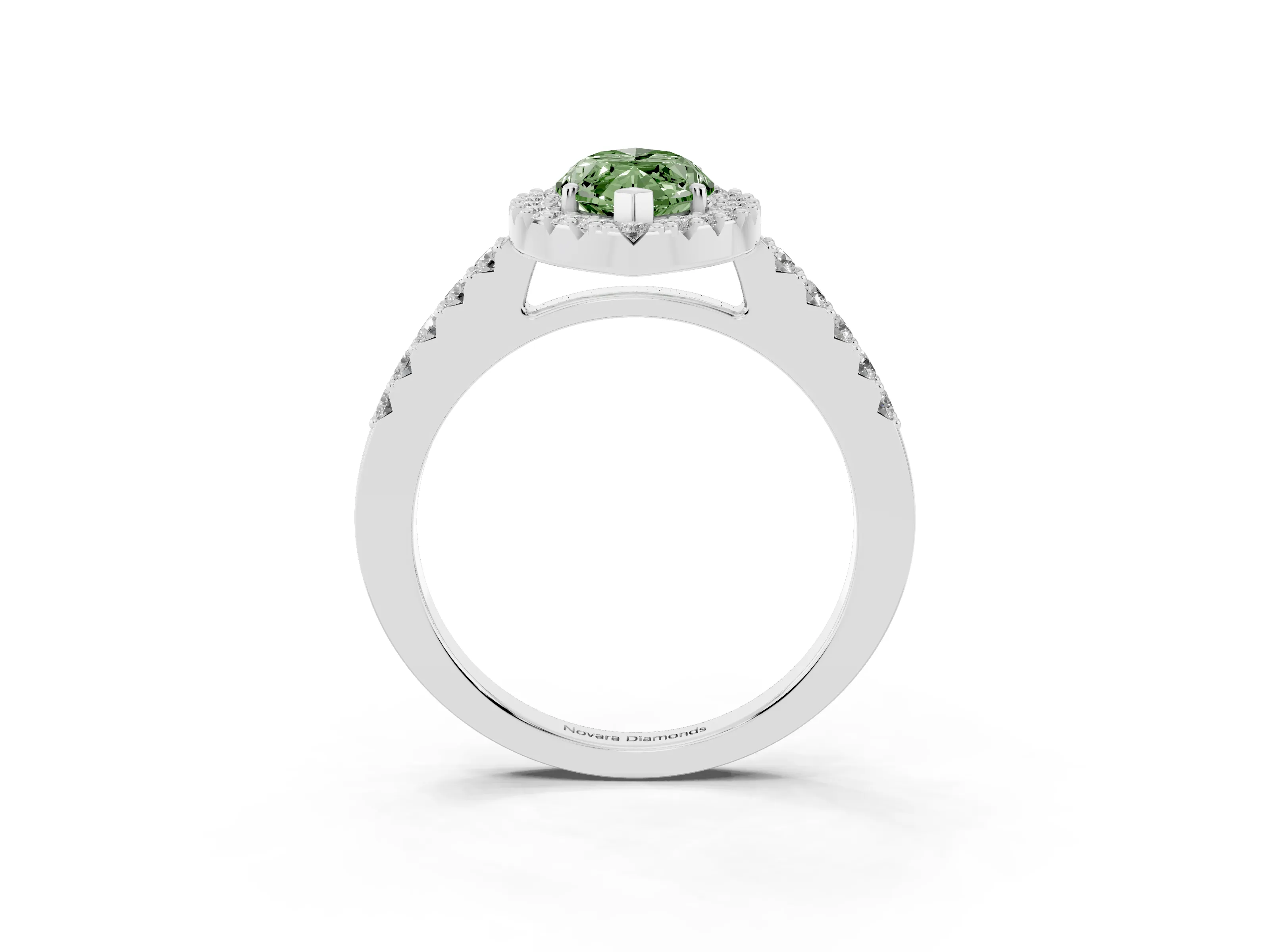 Fancy Green Marquise Cut Diamond Halo Pavé Solitaire Ring Set in White gold with Prong-Set Center Stone