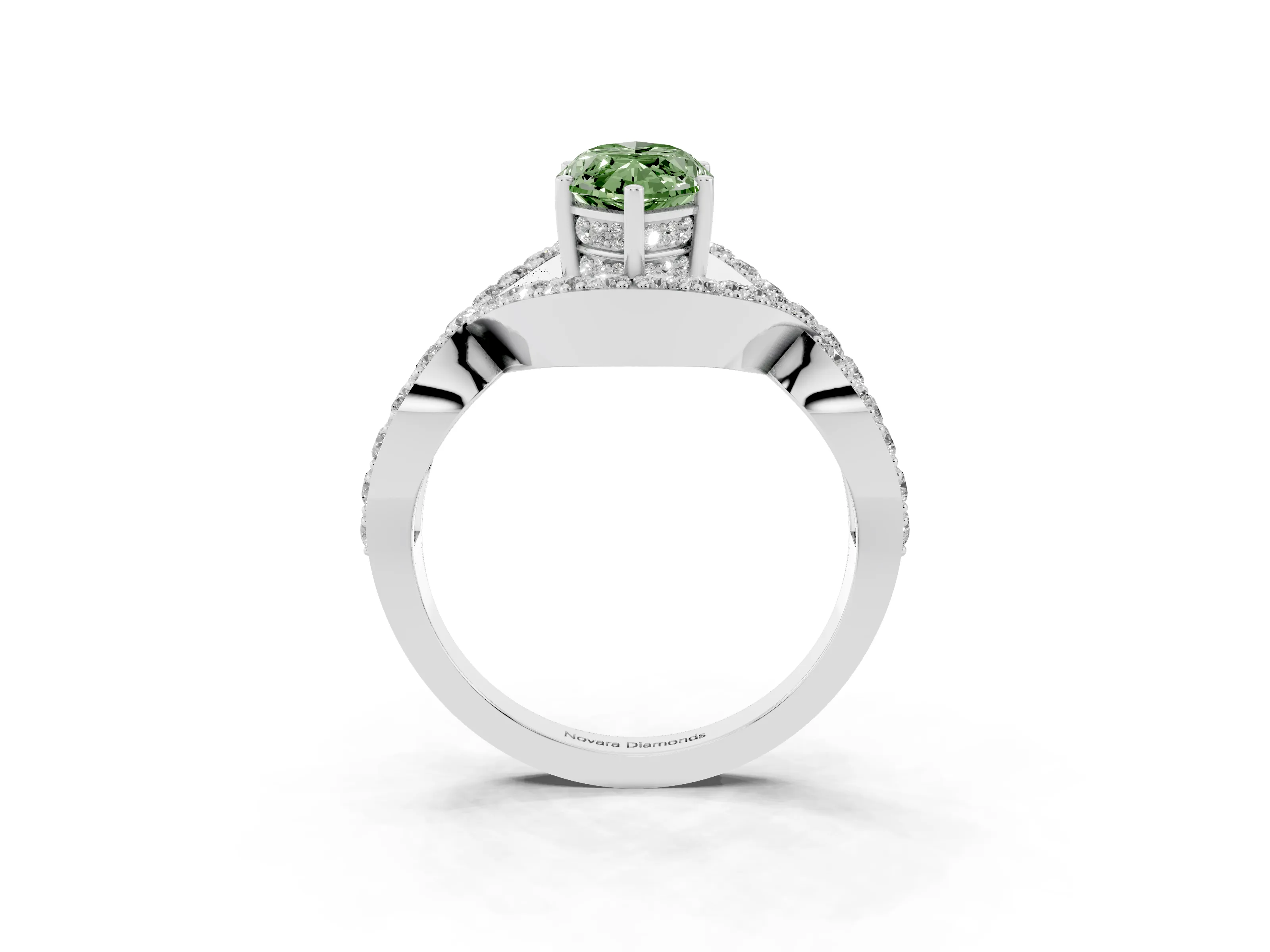 Fancy Green Marquise Cut Diamond Solitaire Twist Band Pavé Engagement Ring Set in Silver