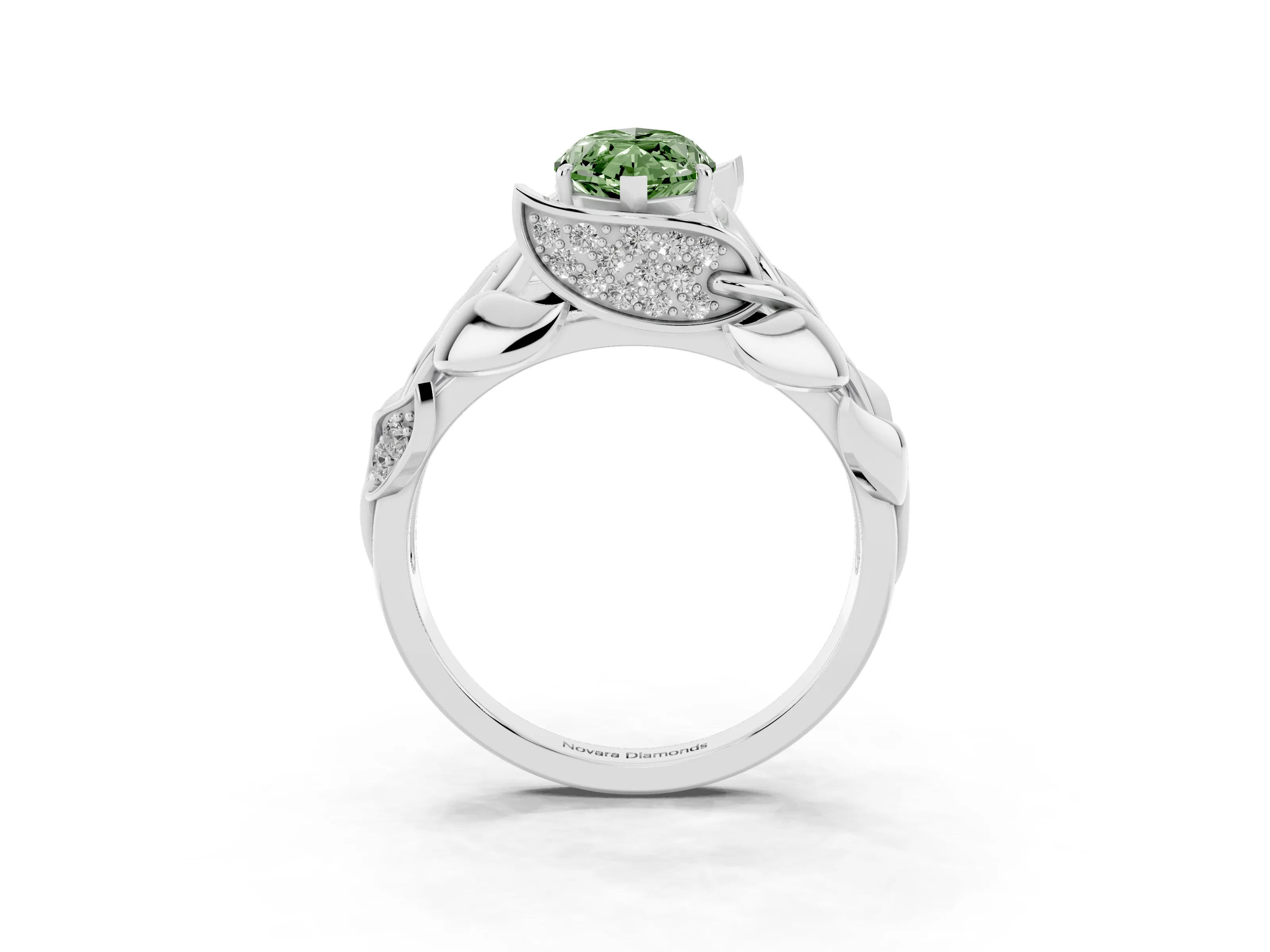 Fancy Green Marquise Cut Diamond Leaf-Inspired Engagement Ring Set in Platinum with Round Accents