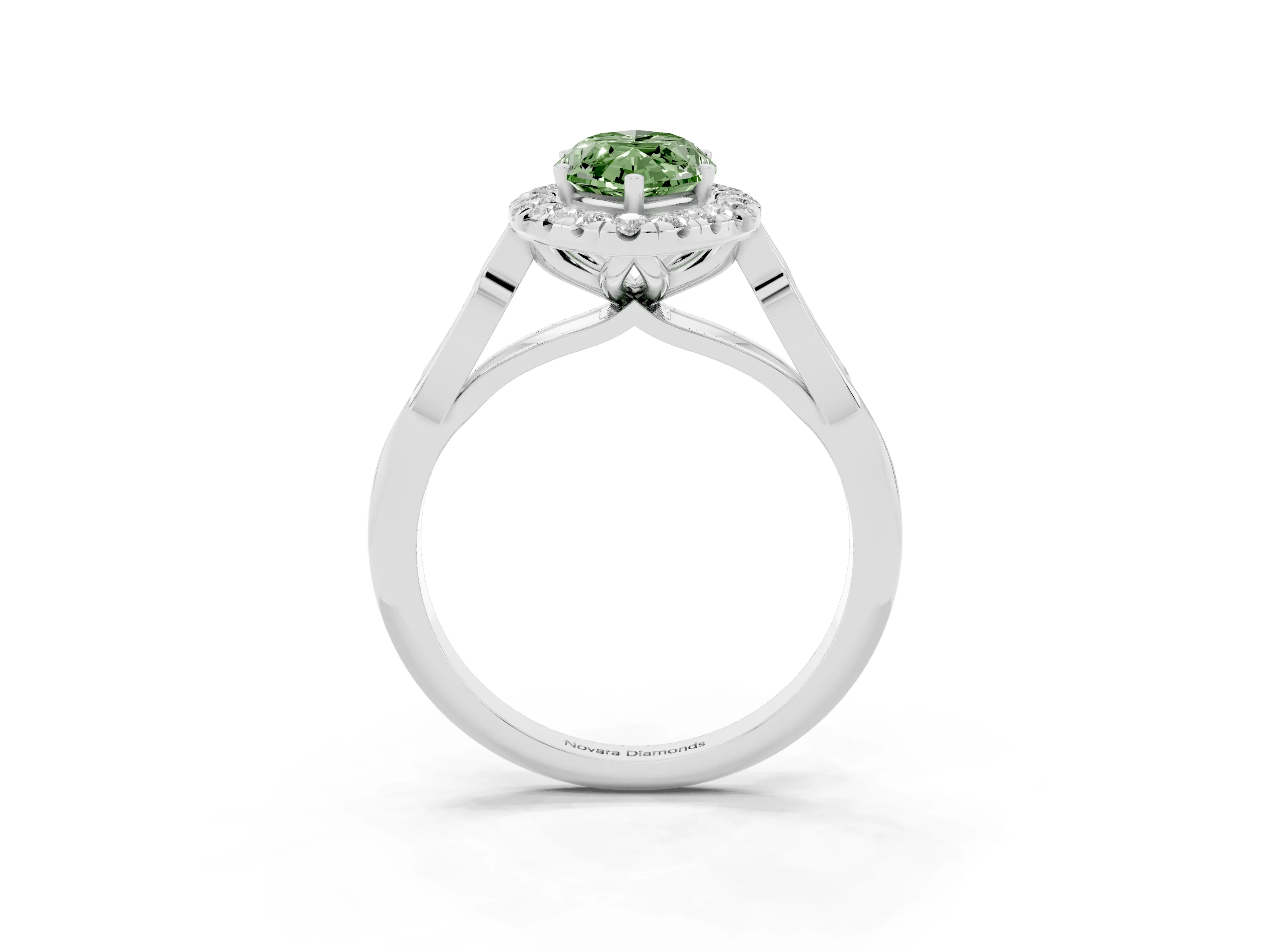Fancy Green Marquise Cut Diamond Halo Engagement Ring Set in White gold with Filigree Band and Prong-Set Center