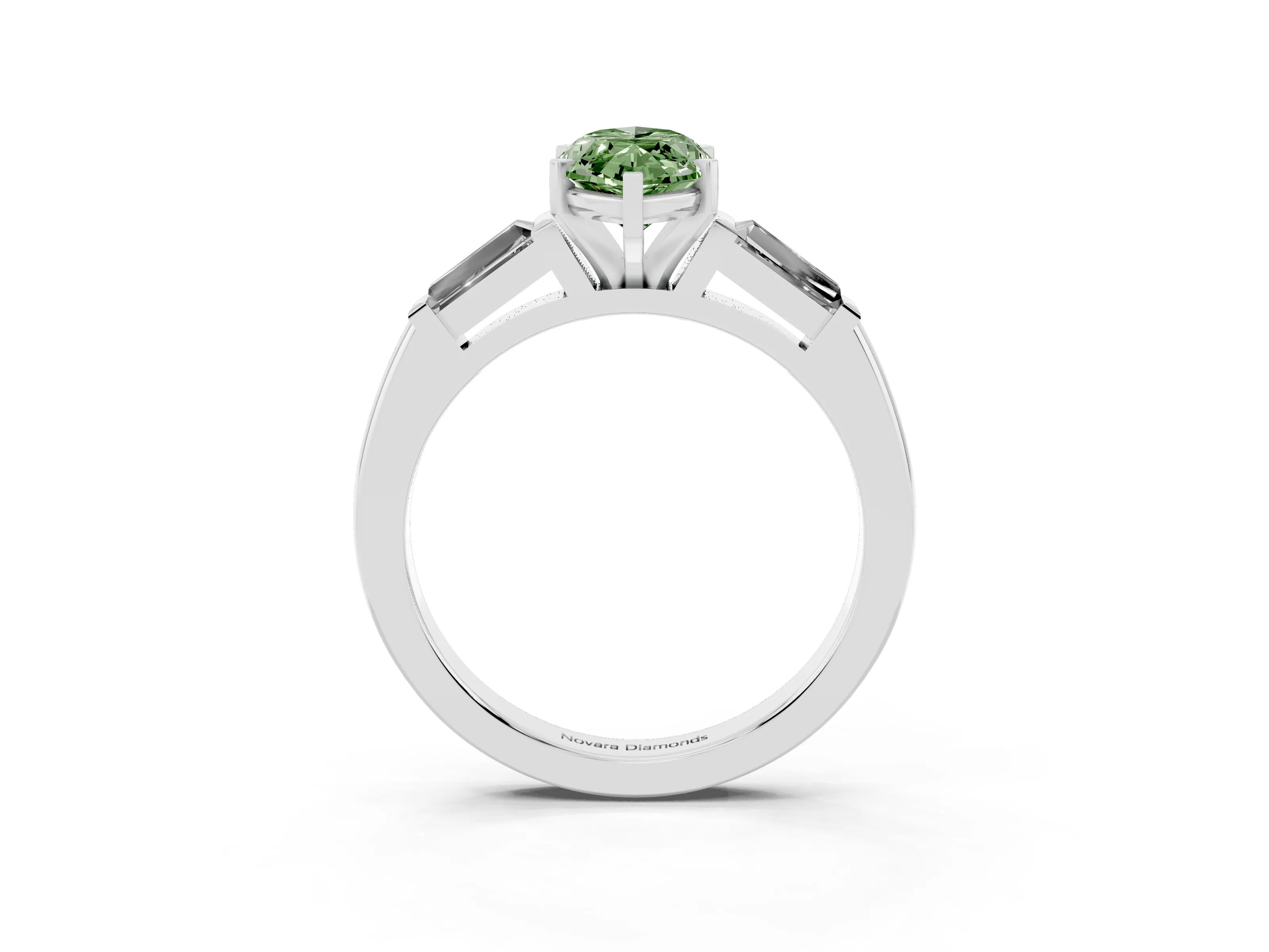 Fancy Green Marquise Cut Diamond Solitaire Ring Set in White gold with Tapered Baguette Side Stones and Prong Setting