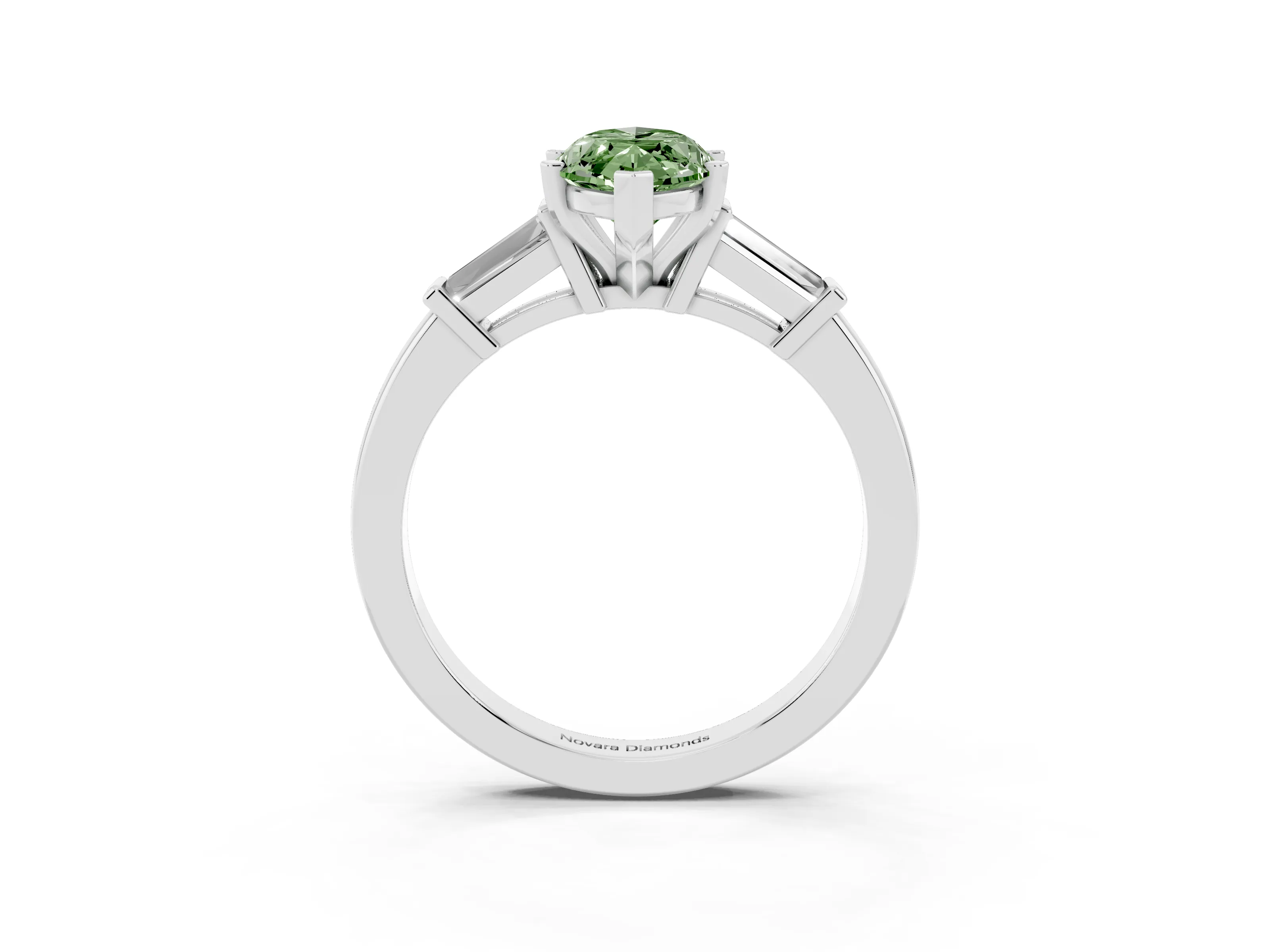 Fancy Green Marquise Cut Diamond Solitaire Ring Set in White gold with Tapered Baguette Accents and Prong Setting