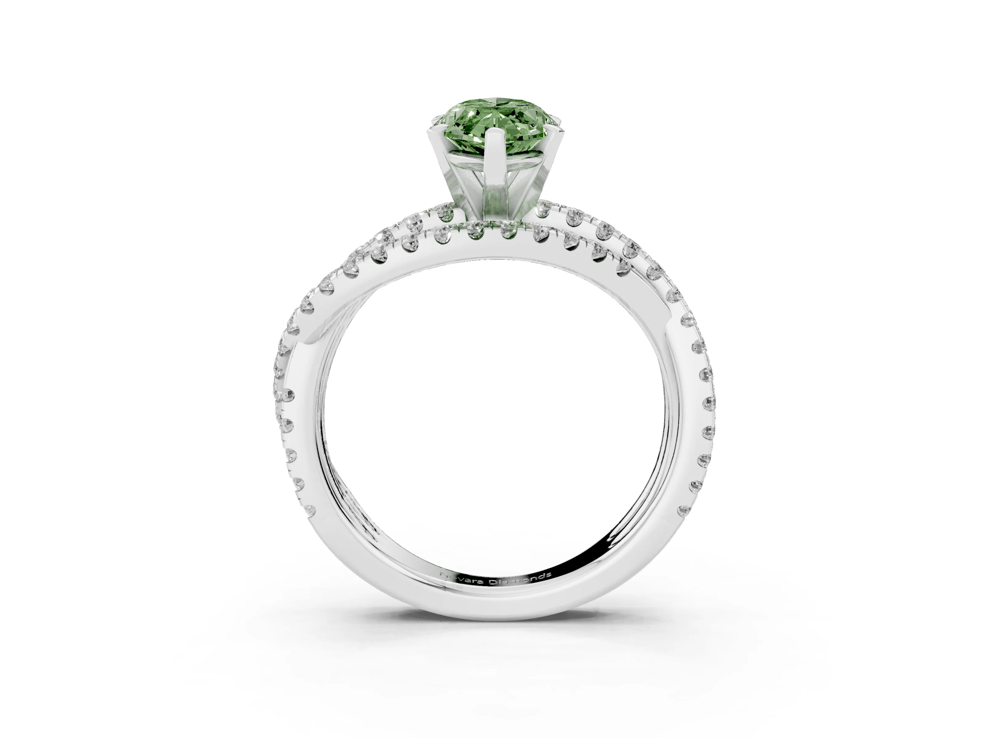 Fancy Green Marquise Cut Diamond Solitaire Twist Band Ring Set in Platinum with Pavé Setting and Prong Head
