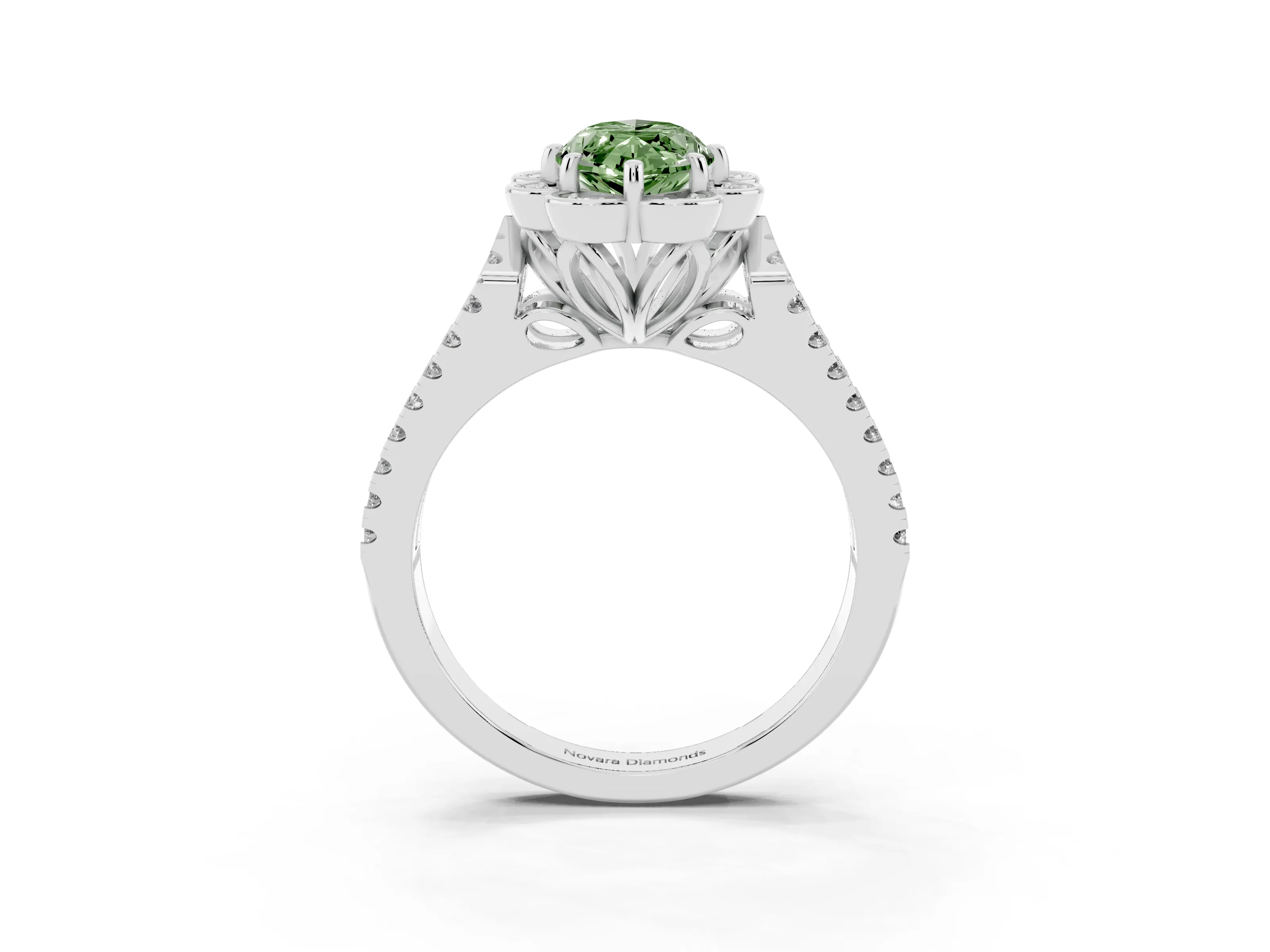 Fancy Green Marquise Cut Diamond Floral Halo Split Shank Engagement Ring Set in Platinum with Pavé Shank
