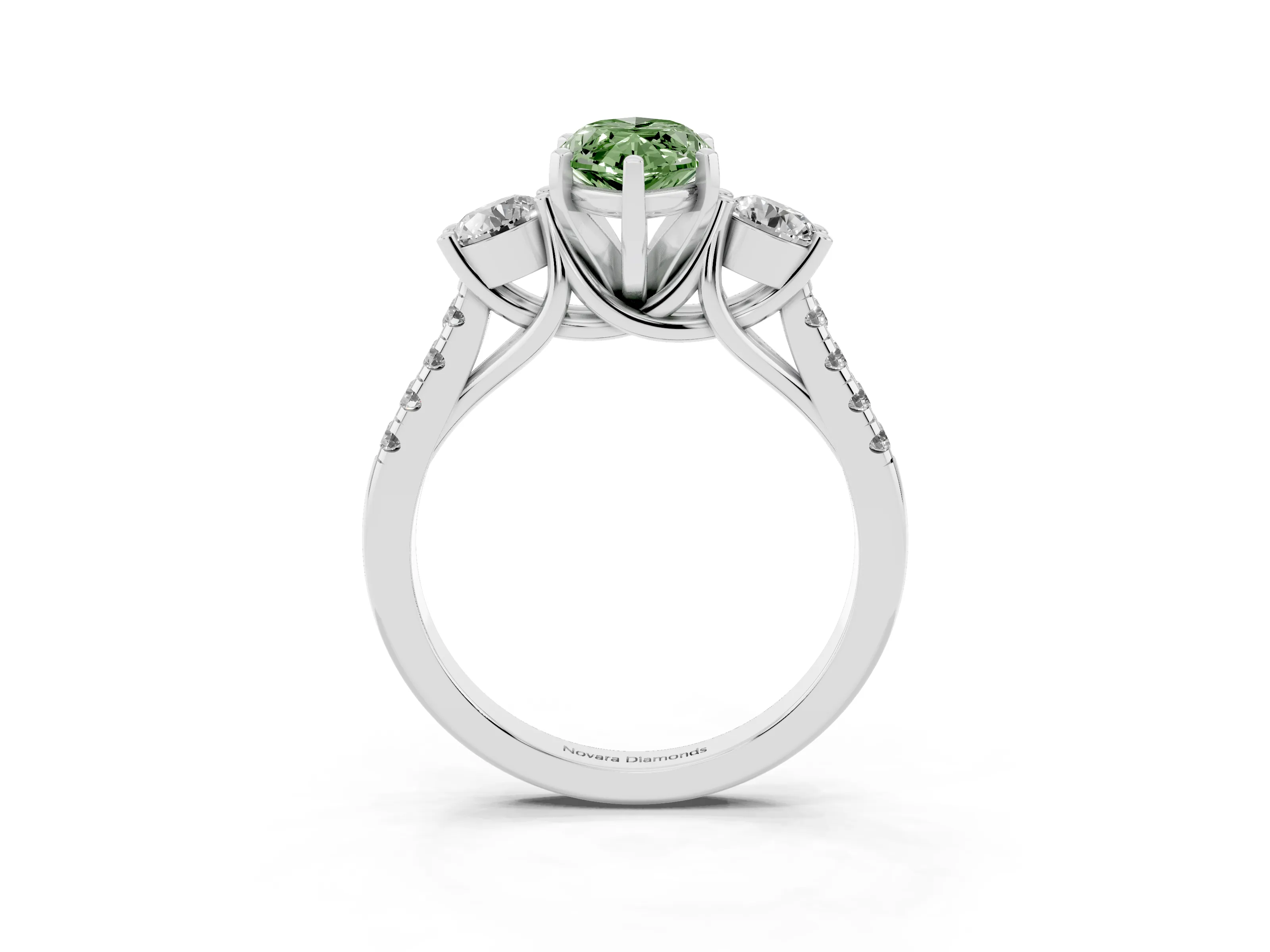 Fancy Green Three-Stone Marquise Cut Diamond Pavé Band Ring Set in Platinum with Prong-Set Trio