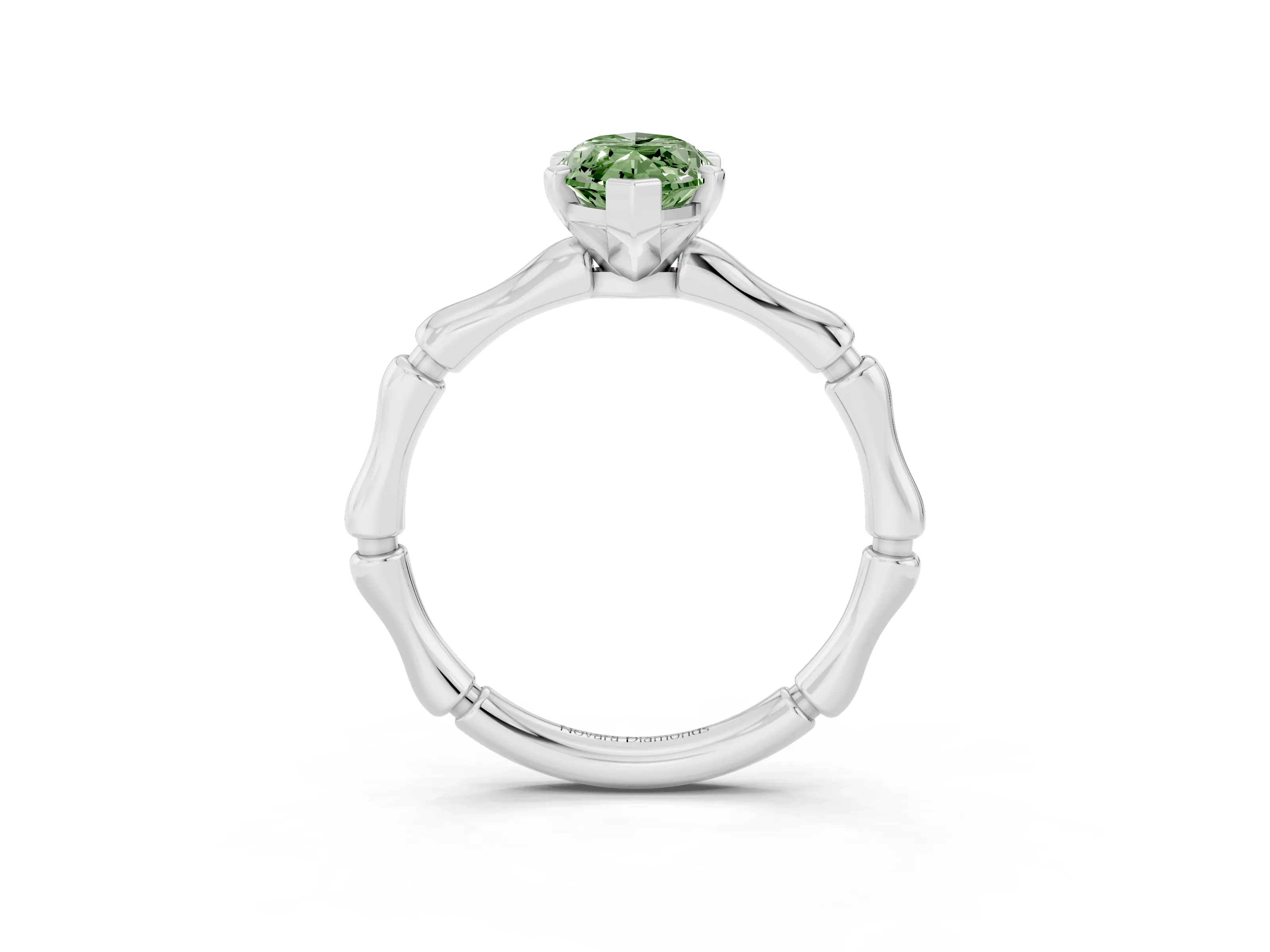 Fancy Green Marquise Cut Diamond Solitaire Ring Set in Silver with Bamboo Band and Prong Setting