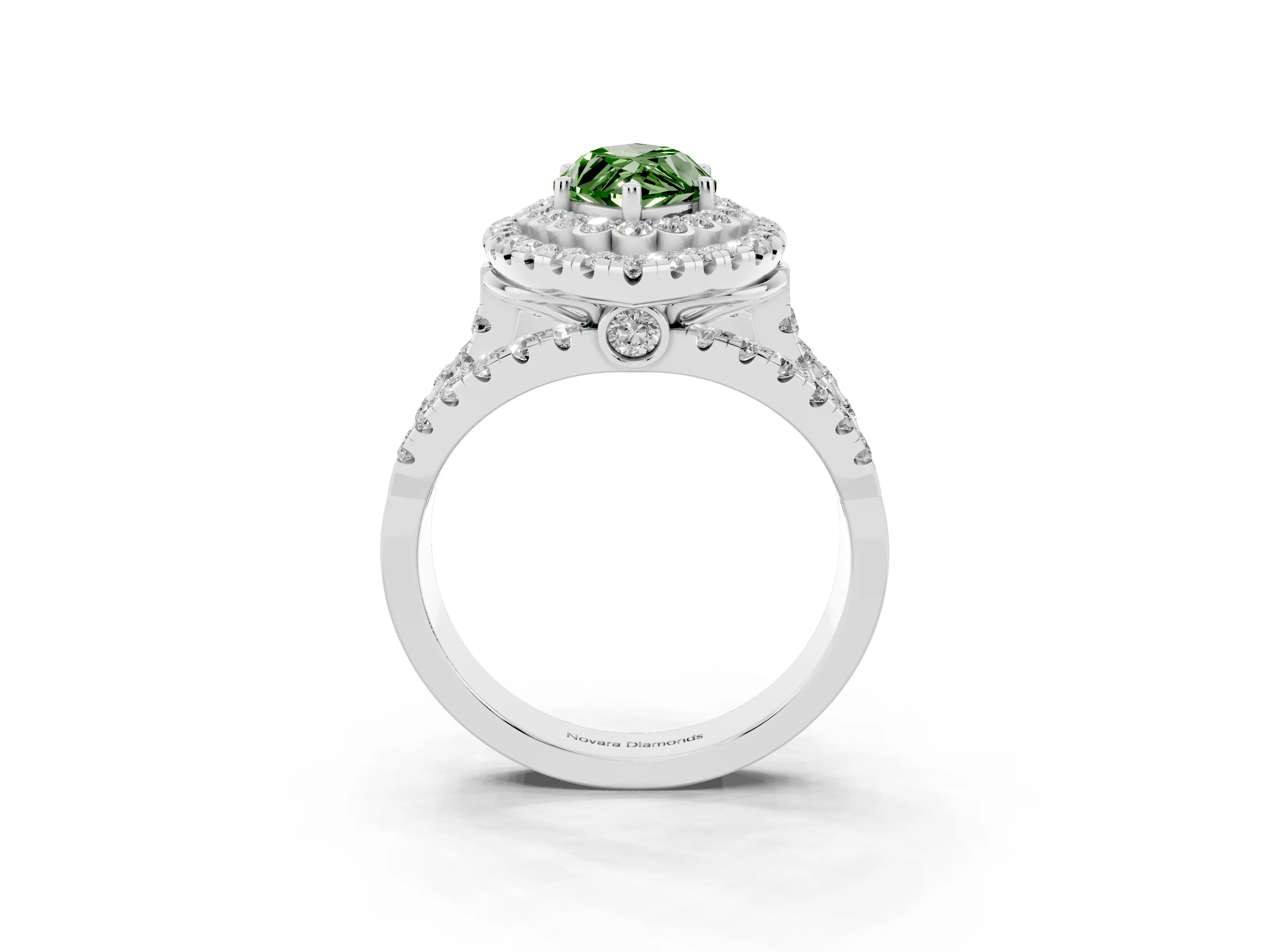 Fancy Green Marquise Cut Diamond Double Halo Ring Set in White gold with Round Pavé Split Shank