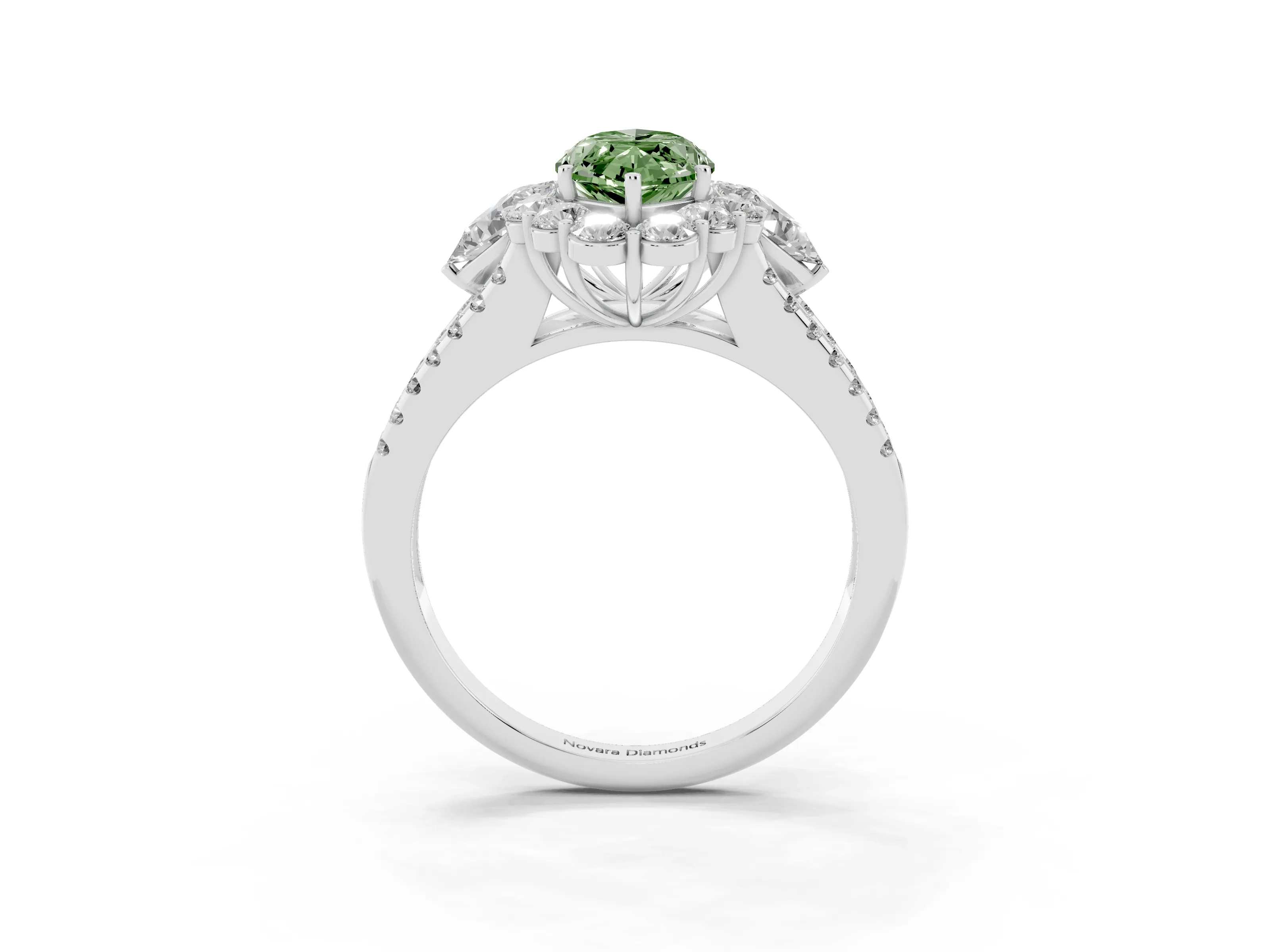 Fancy Green Marquise Cut Diamond Halo Split Shank Engagement Ring Set in White gold with Prong-Held Center Stone