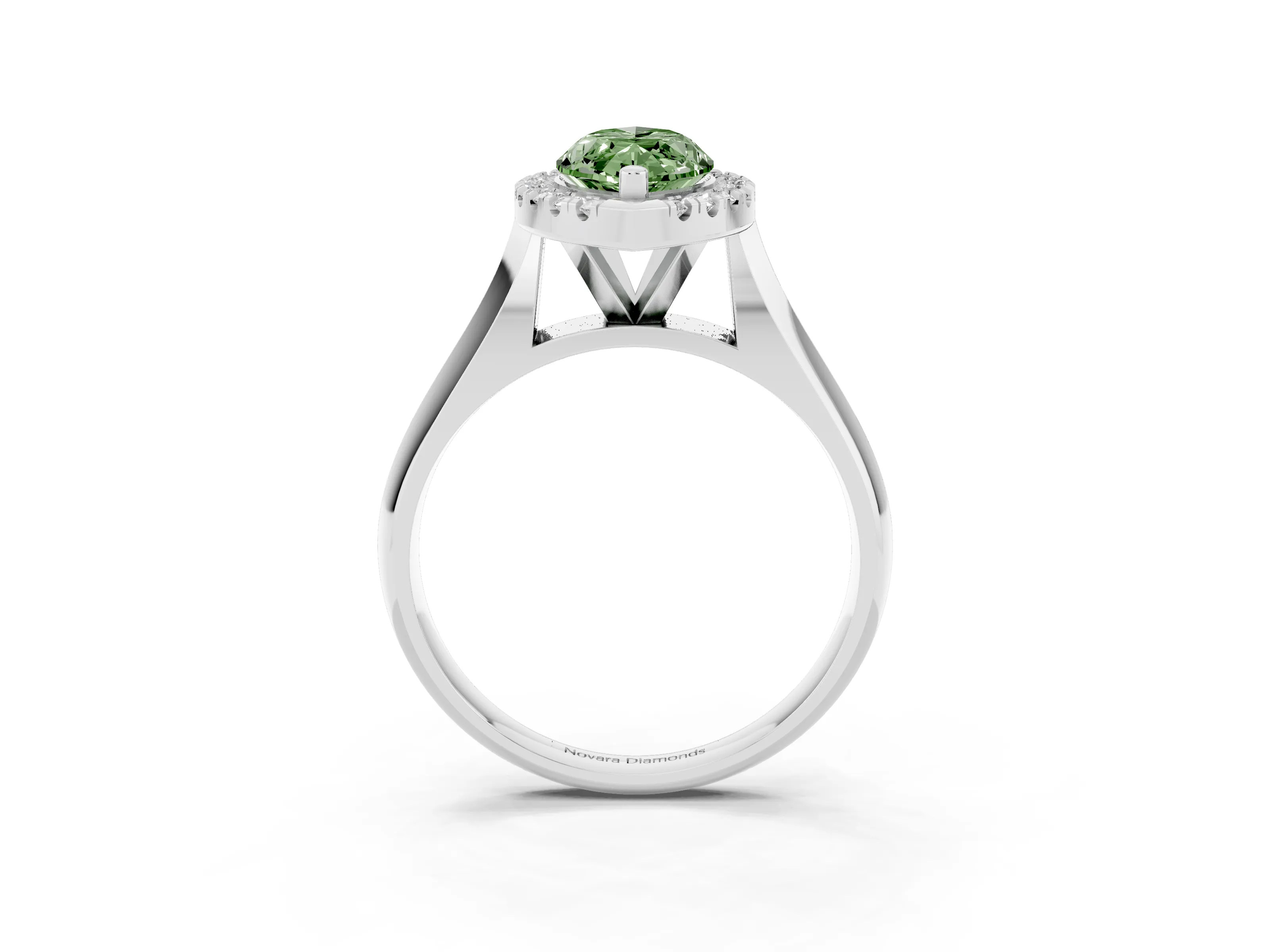 Fancy Green Marquise Cut Diamond Halo Solitaire Engagement Ring Set in Platinum with Square Band and Prong Setting