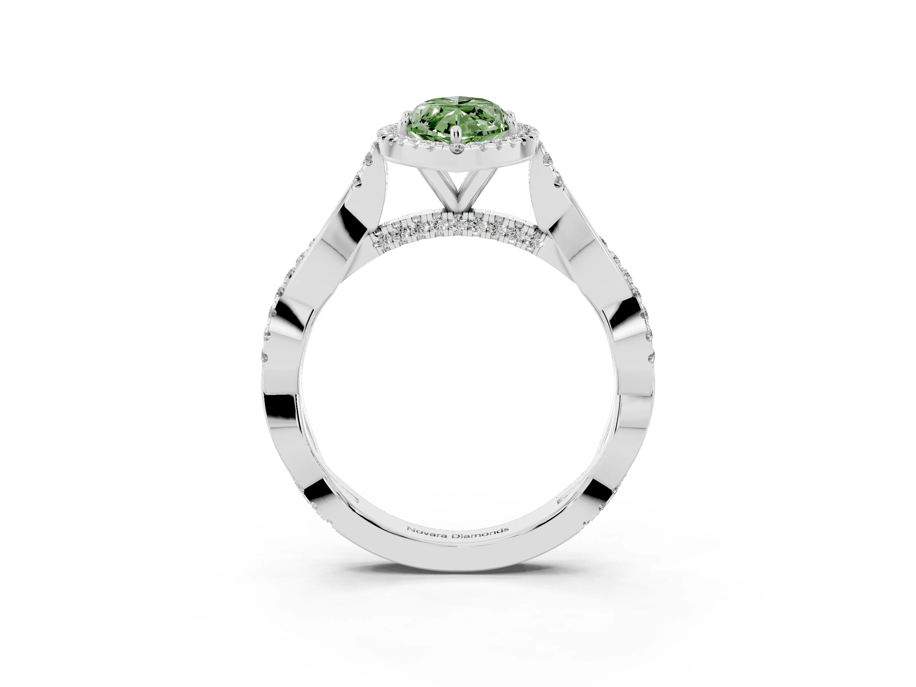 Fancy Green Marquise Cut Diamond Halo Twist Band Solitaire Ring Set in White gold with Prong Setting