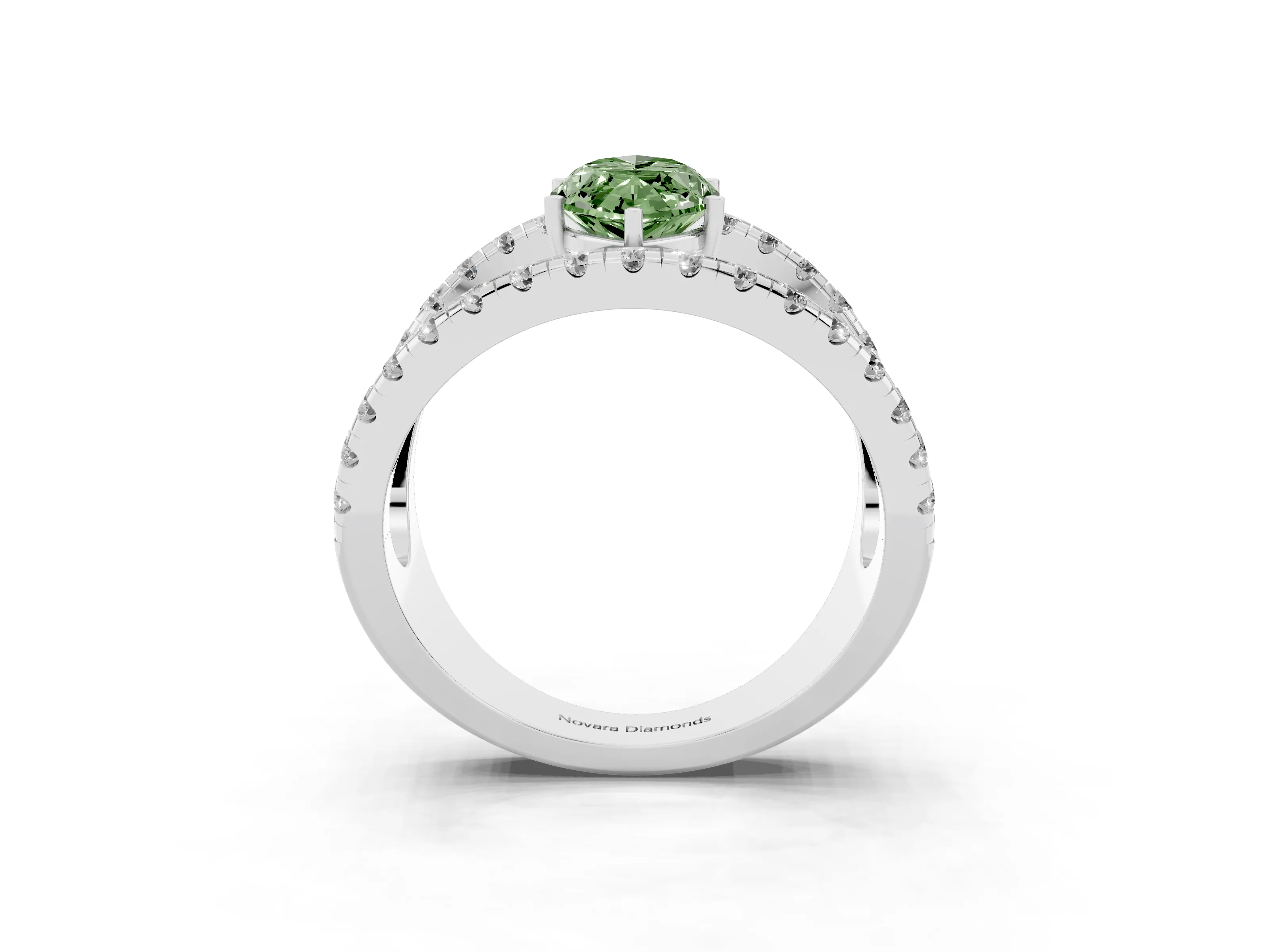 Fancy Green Marquise Cut Diamond Split Shank Pavé Solitaire Ring Set in White gold with Open Shank Design