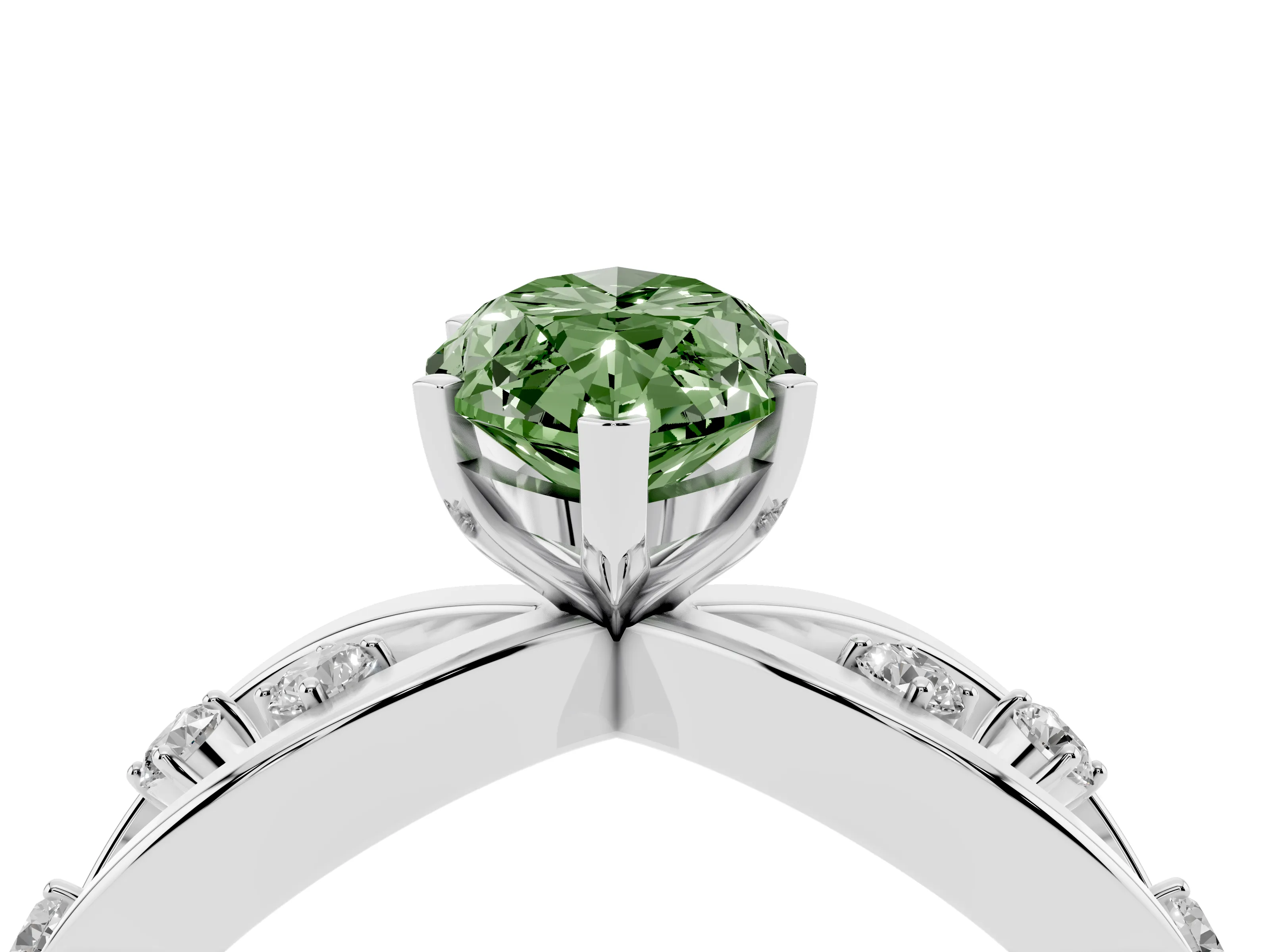 Fancy Green Marquise Cut Diamond Solitaire Ring Set in White gold with Side Stones on Criss-Cross Band and Prong Setting
