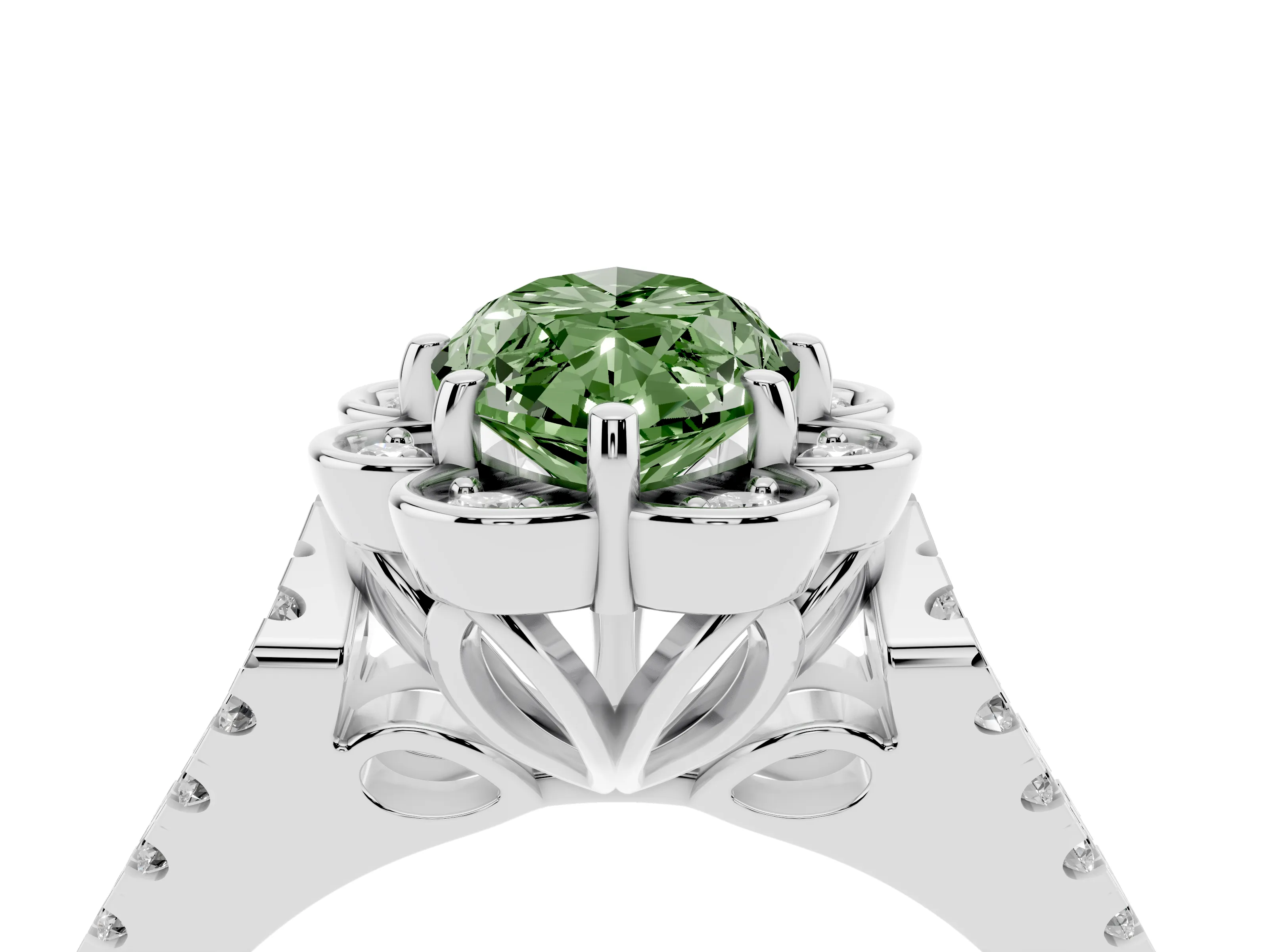 Fancy Green Marquise Cut Diamond Floral Halo Split Shank Engagement Ring Set in Platinum with Pavé Shank