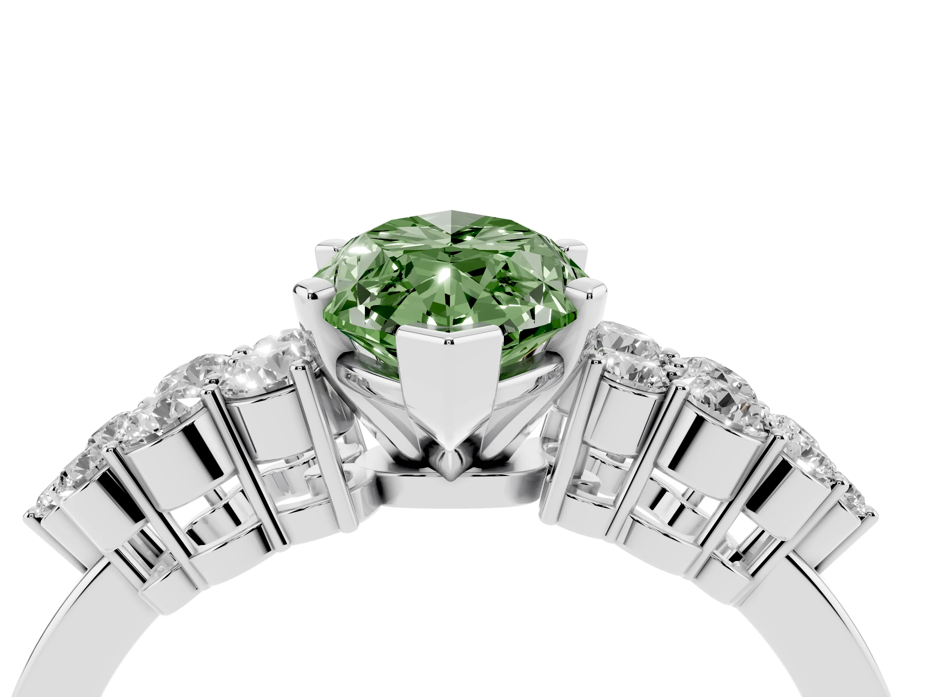 Fancy Green Marquise Cut Diamond Cluster Engagement Ring Set in Silver with Pavé Band and Prong Setting