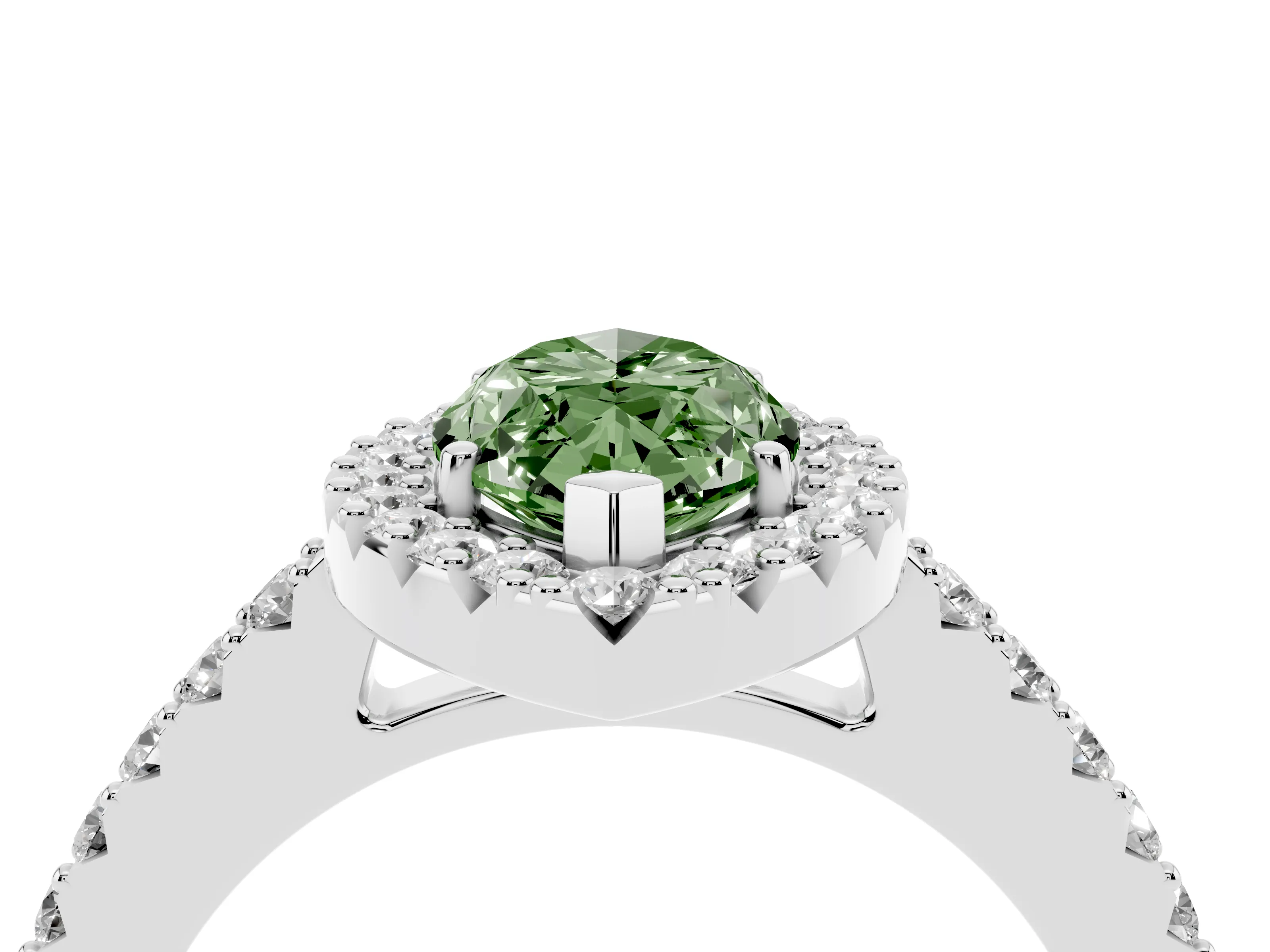 Fancy Green Marquise Cut Diamond Halo Pavé Solitaire Ring Set in White gold with Prong-Set Center Stone