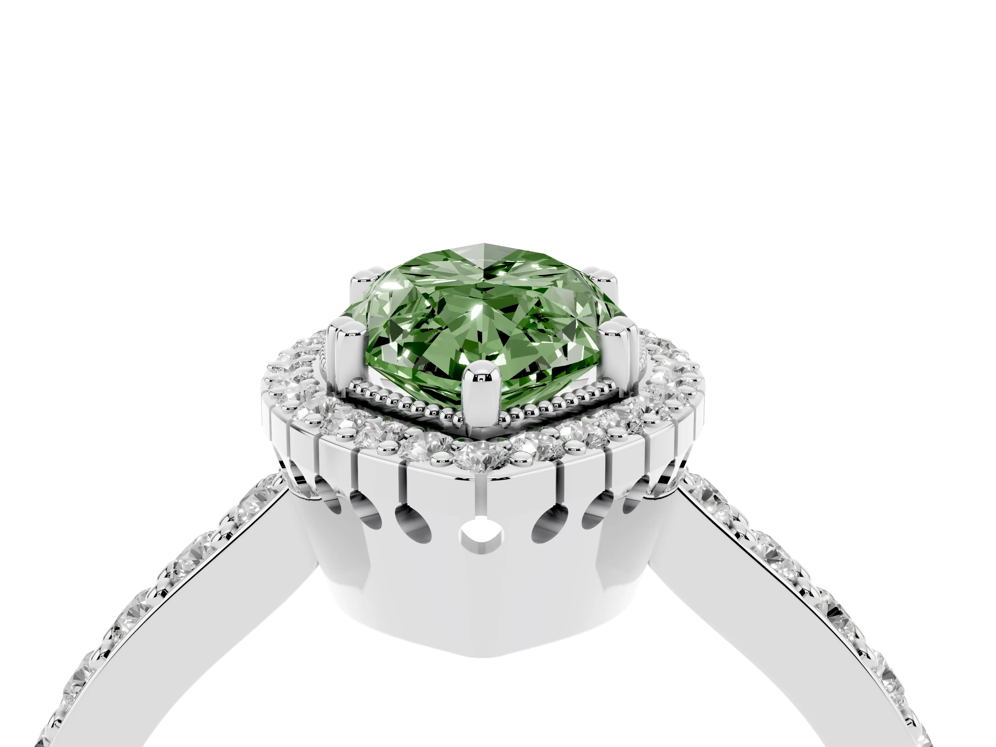 Fancy Green Marquise Cut Diamond Halo Engagement Ring Set in White gold with Milgrain Detail and Pavé Band