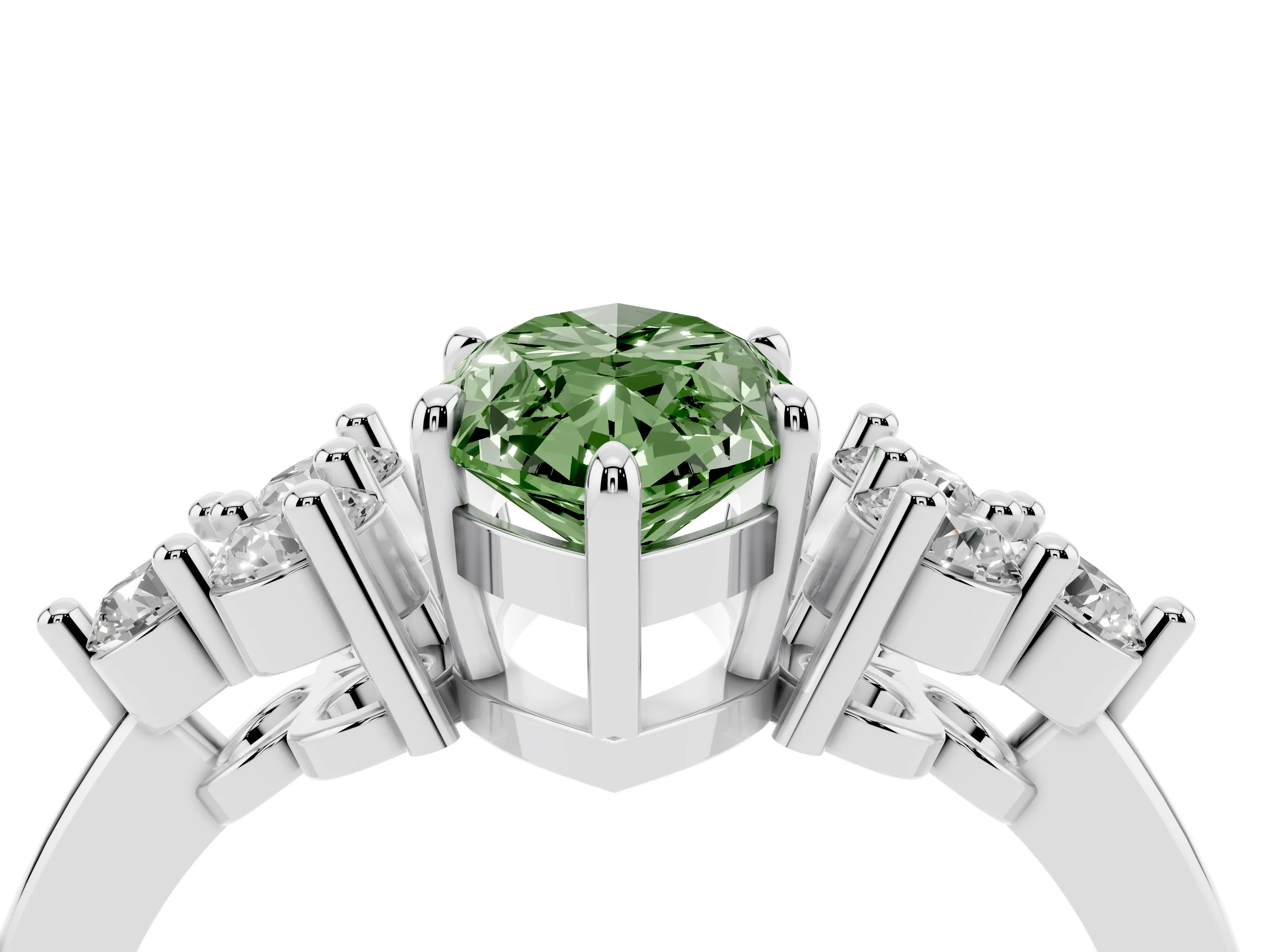 Fancy Green Marquise Cut Diamond Solitaire Ring Set in Silver with Cluster Accents on Each Side