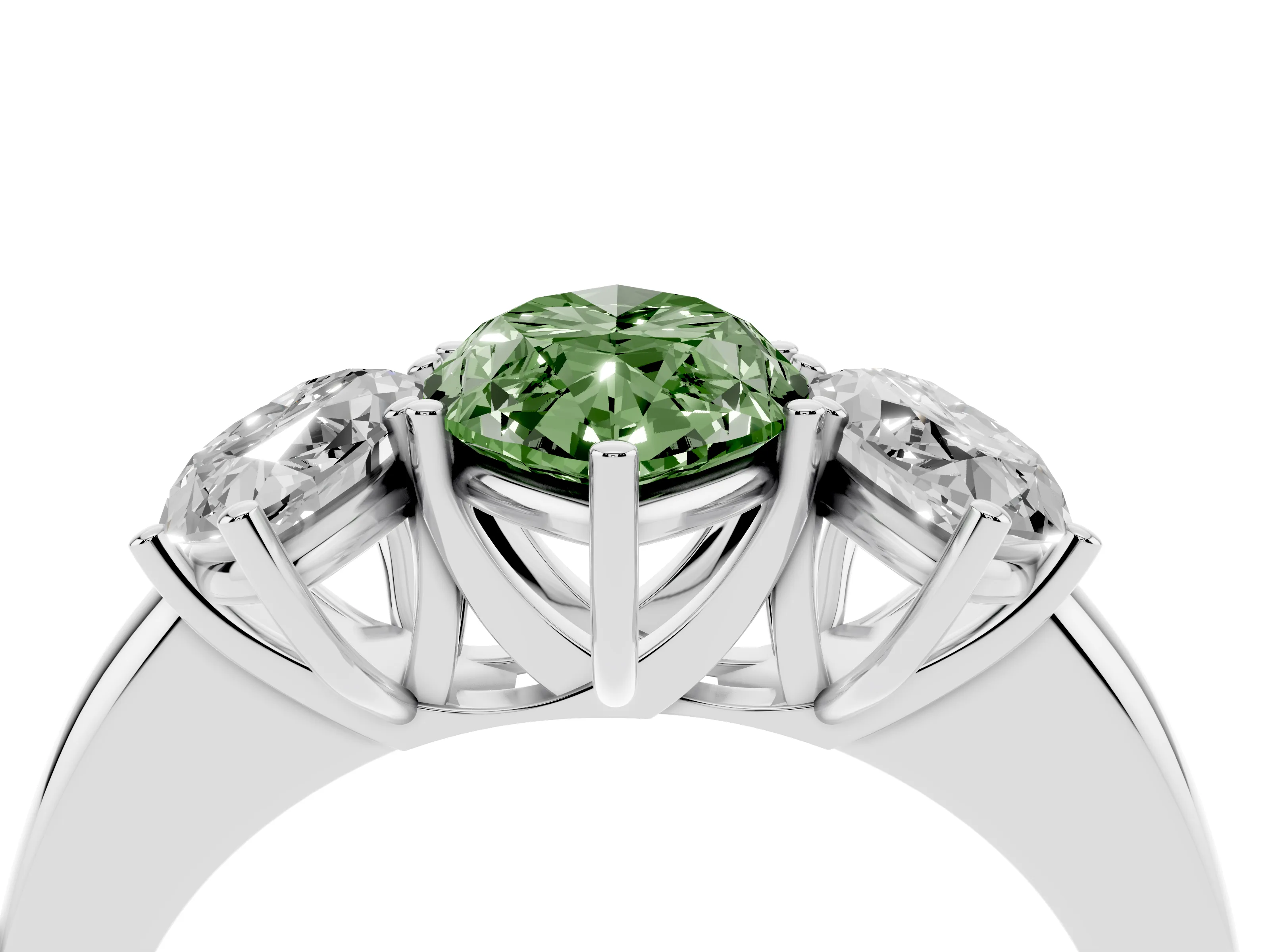 Fancy Green Marquise Cut Diamond Three-Stone Ring Set in Silver with Bold Center and Classic Band