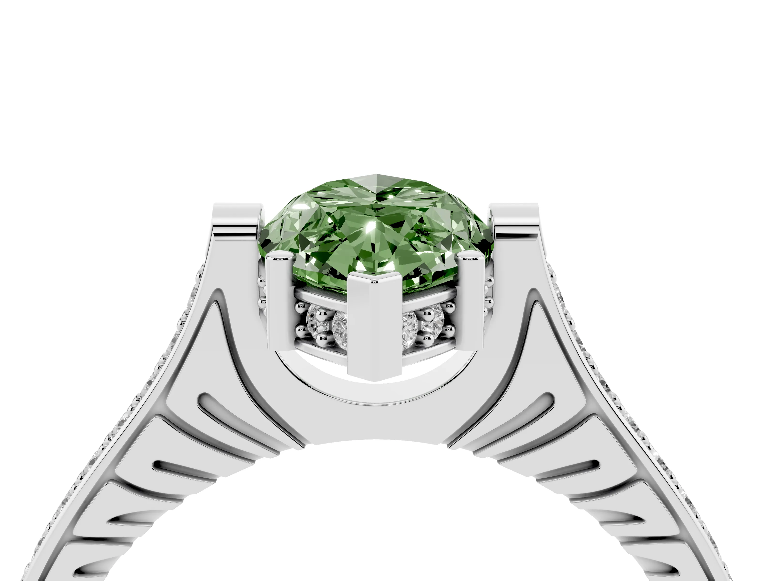 Fancy Green Marquise Cut Diamond Solitaire Ring Set in Silver with Channel Set Band and Bezel Prong Setting