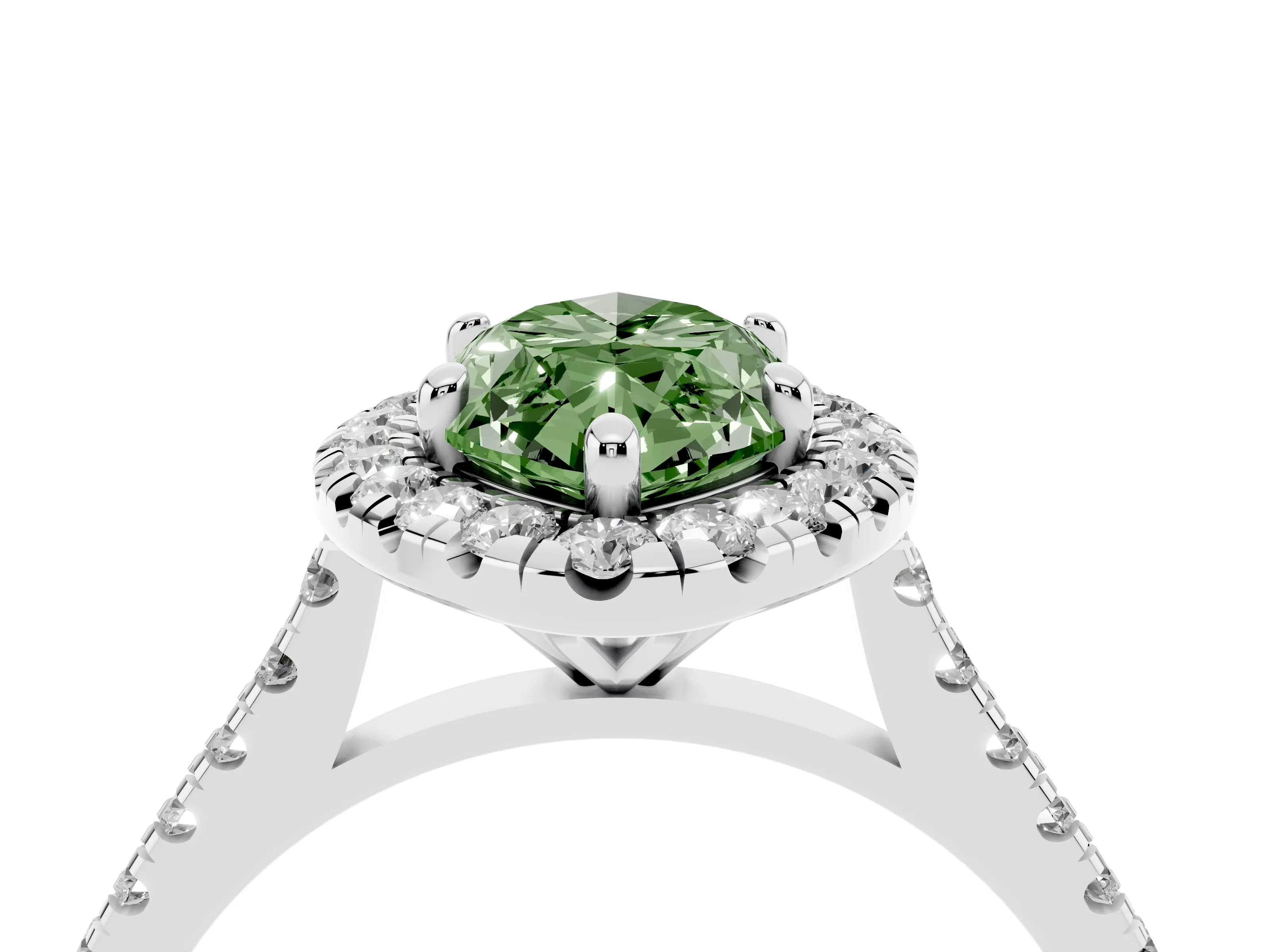 Fancy Green Marquise Cut Diamond Cushion Halo Ring Set in White gold with Pavé Band