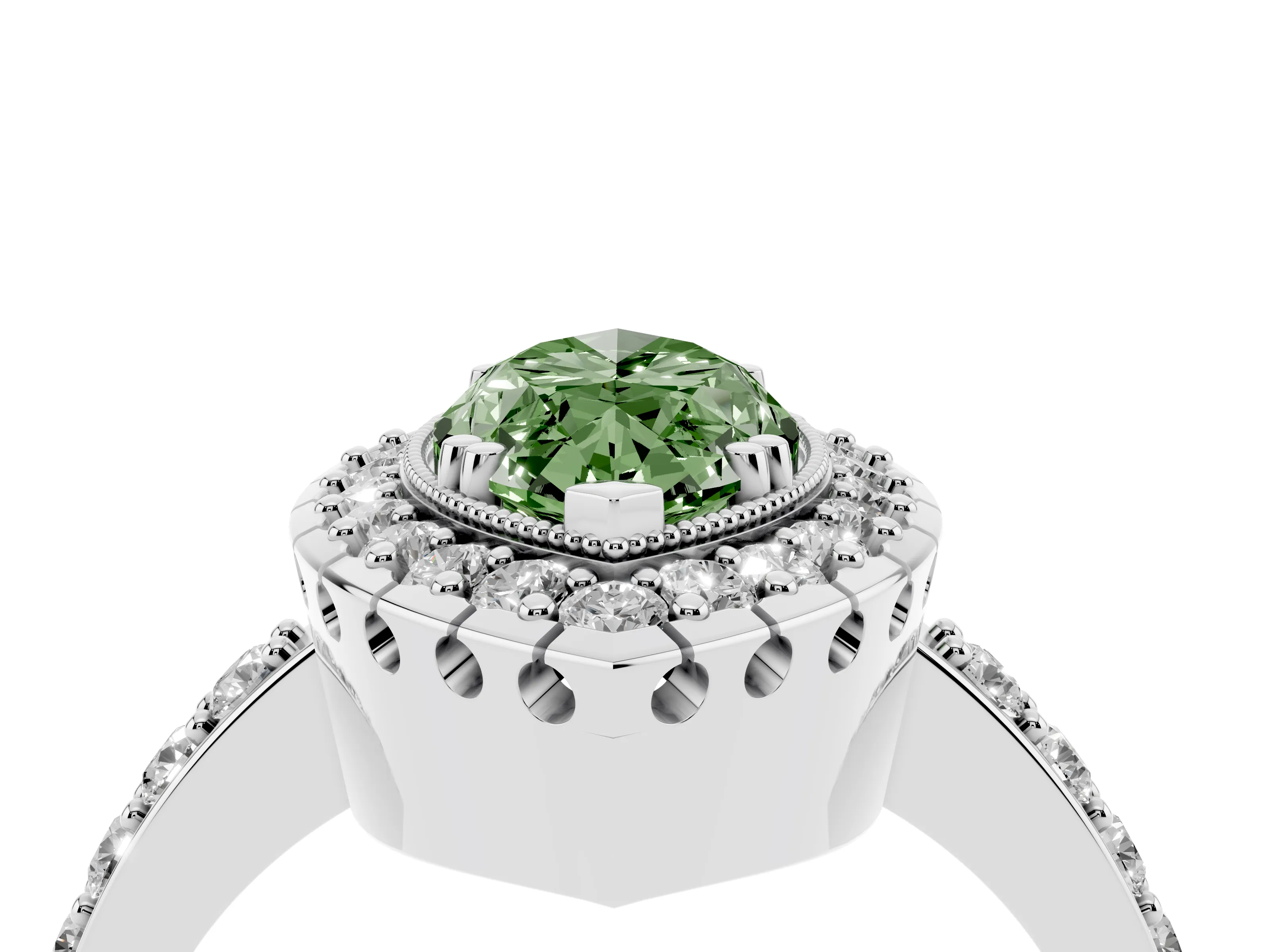 Fancy Green Marquise Cut Diamond Halo Ring Set in White gold with Pavé Shank and Prong Setting