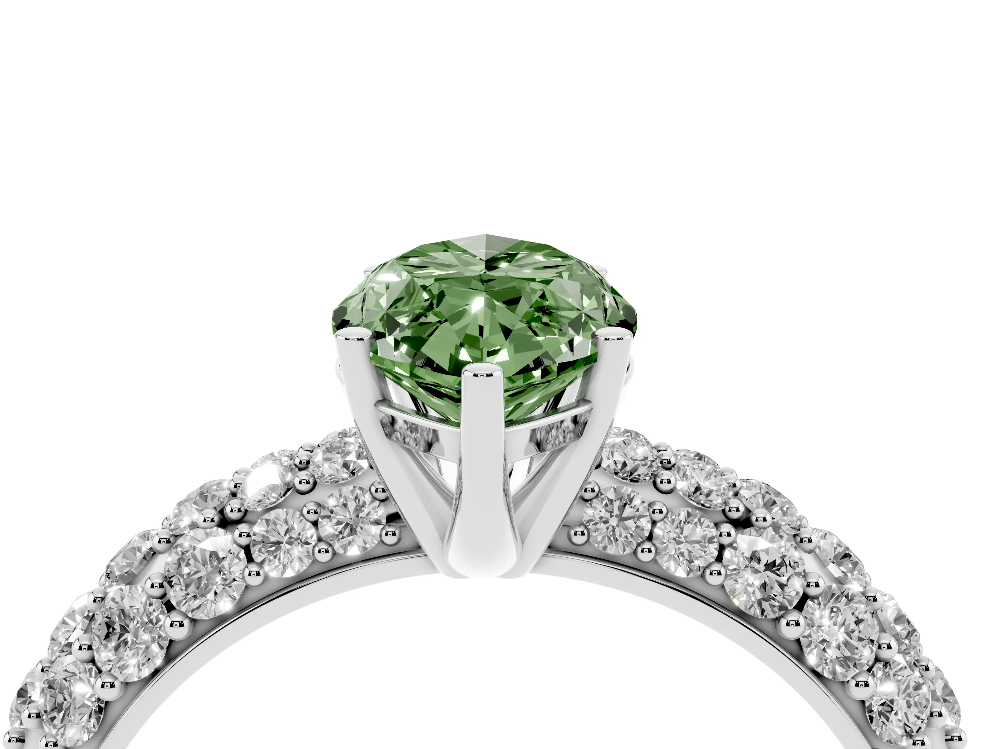 Fancy Green Marquise Cut Diamond Pavé Band Solitaire Ring Set in White gold with Close-Set Accent Stones and Prong Setting