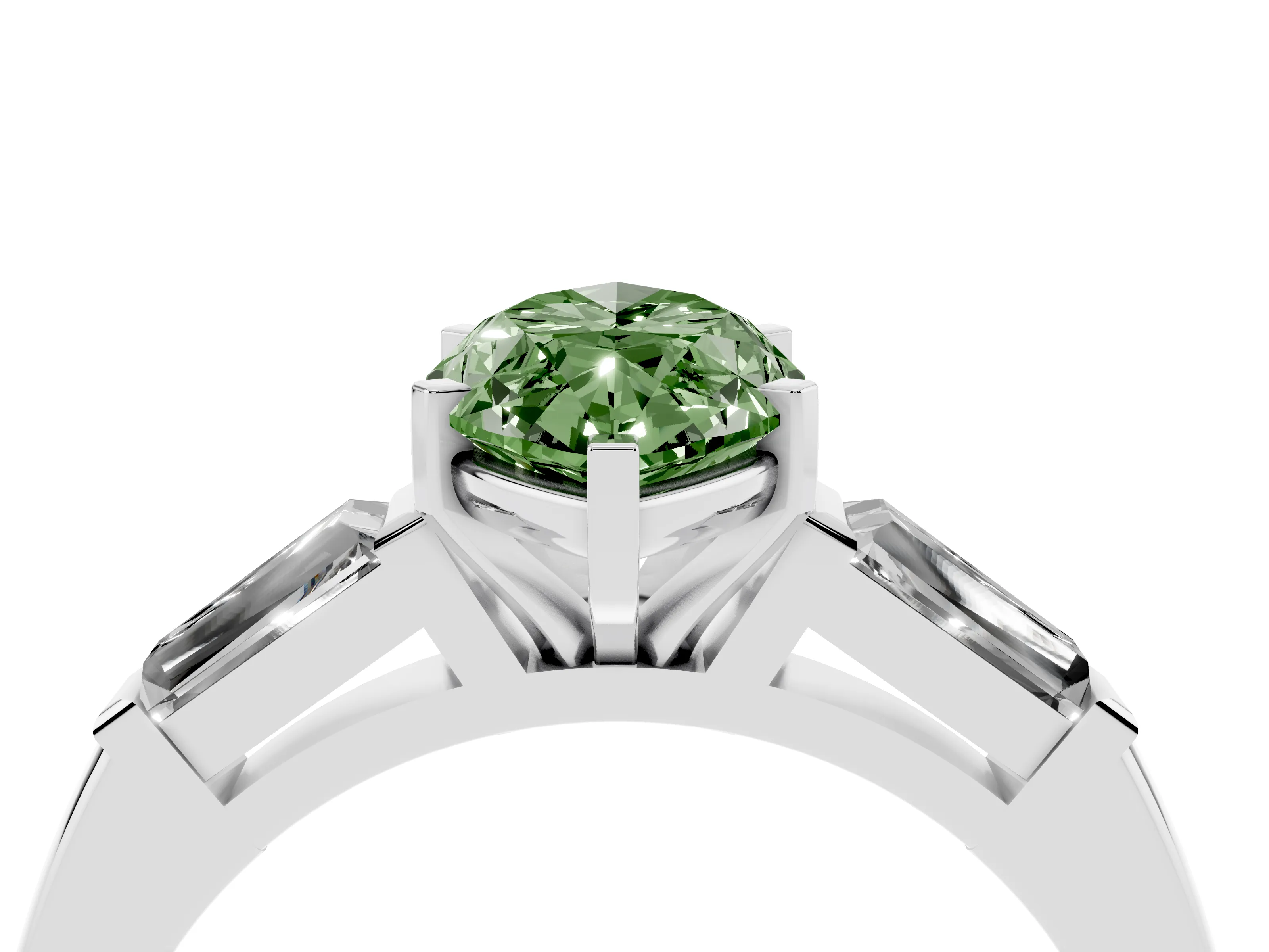 Fancy Green Marquise Cut Diamond Solitaire Ring Set in White gold with Tapered Baguette Side Stones and Prong Setting