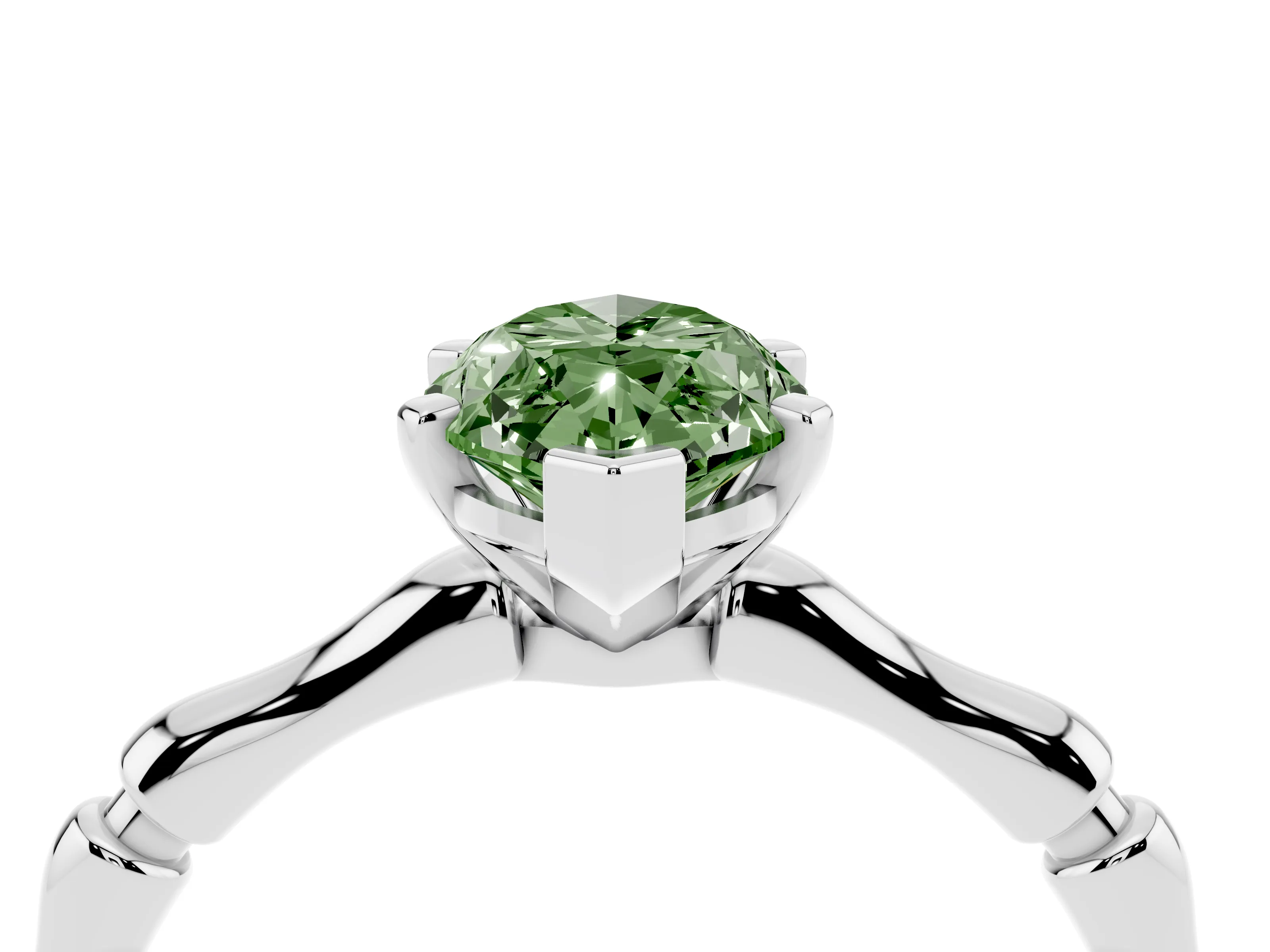 Fancy Green Marquise Cut Diamond Solitaire Ring Set in Silver with Bamboo Band and Prong Setting