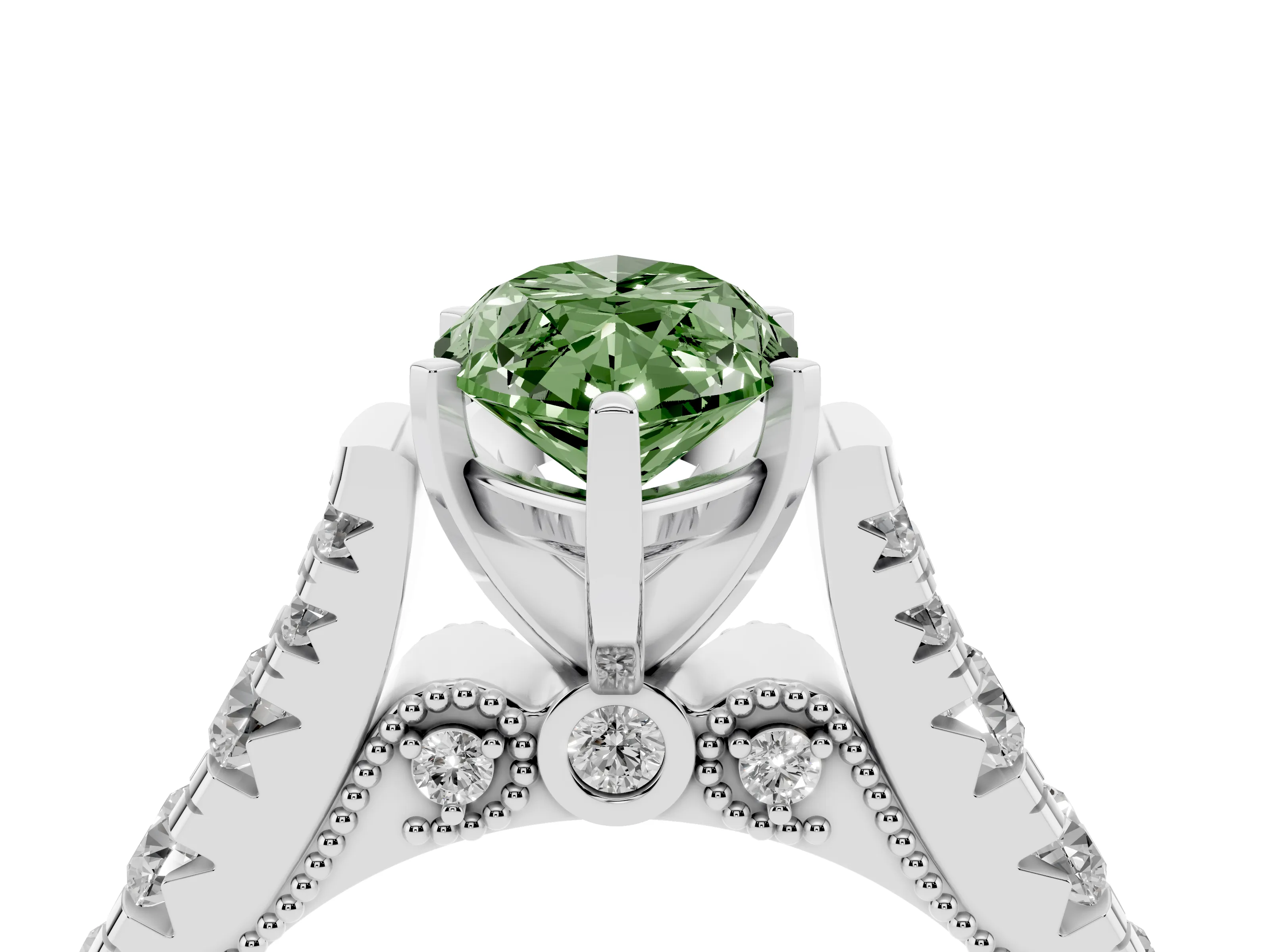 Fancy Green Marquise Cut Diamond Classic Solitaire Ring Set in Silver with Pavé Band and Prong Setting