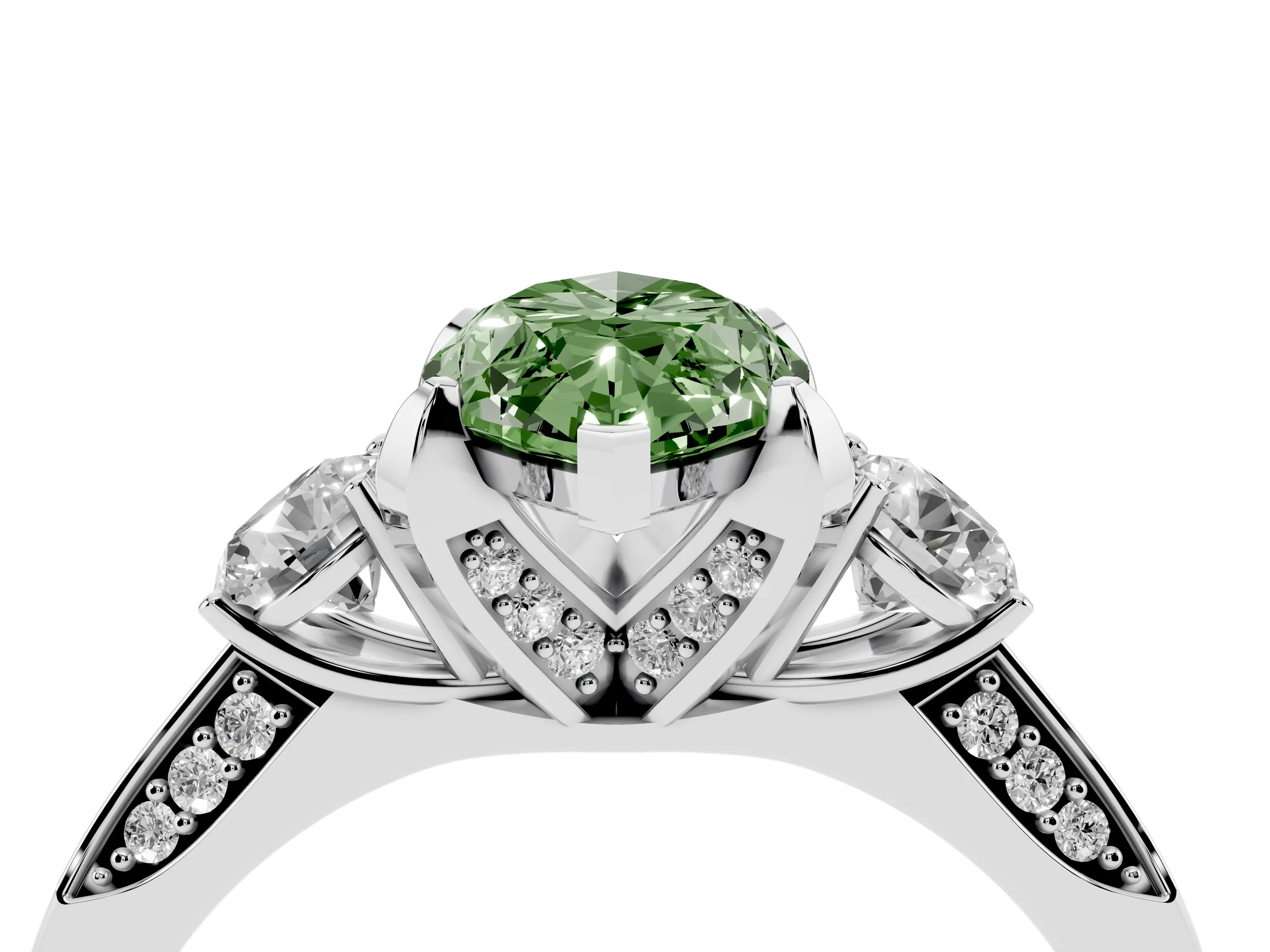Fancy Green Marquise Cut Diamond Three-Stone Ring Set in Platinum with Pavé Band and Smaller Side Stones