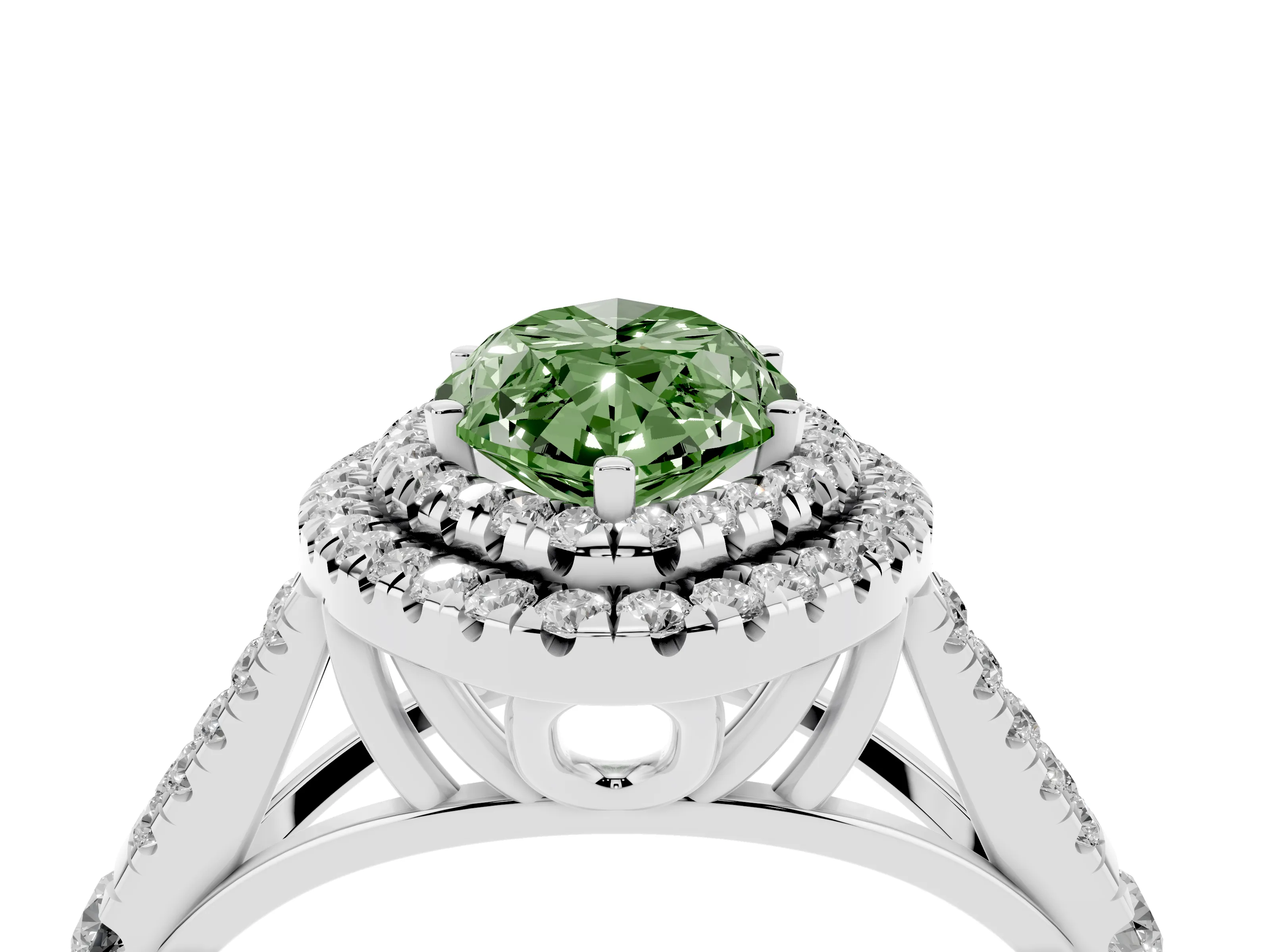 Fancy Green Marquise Cut Diamond Pavé Split Shank Double Halo Engagement Ring Set in Platinum