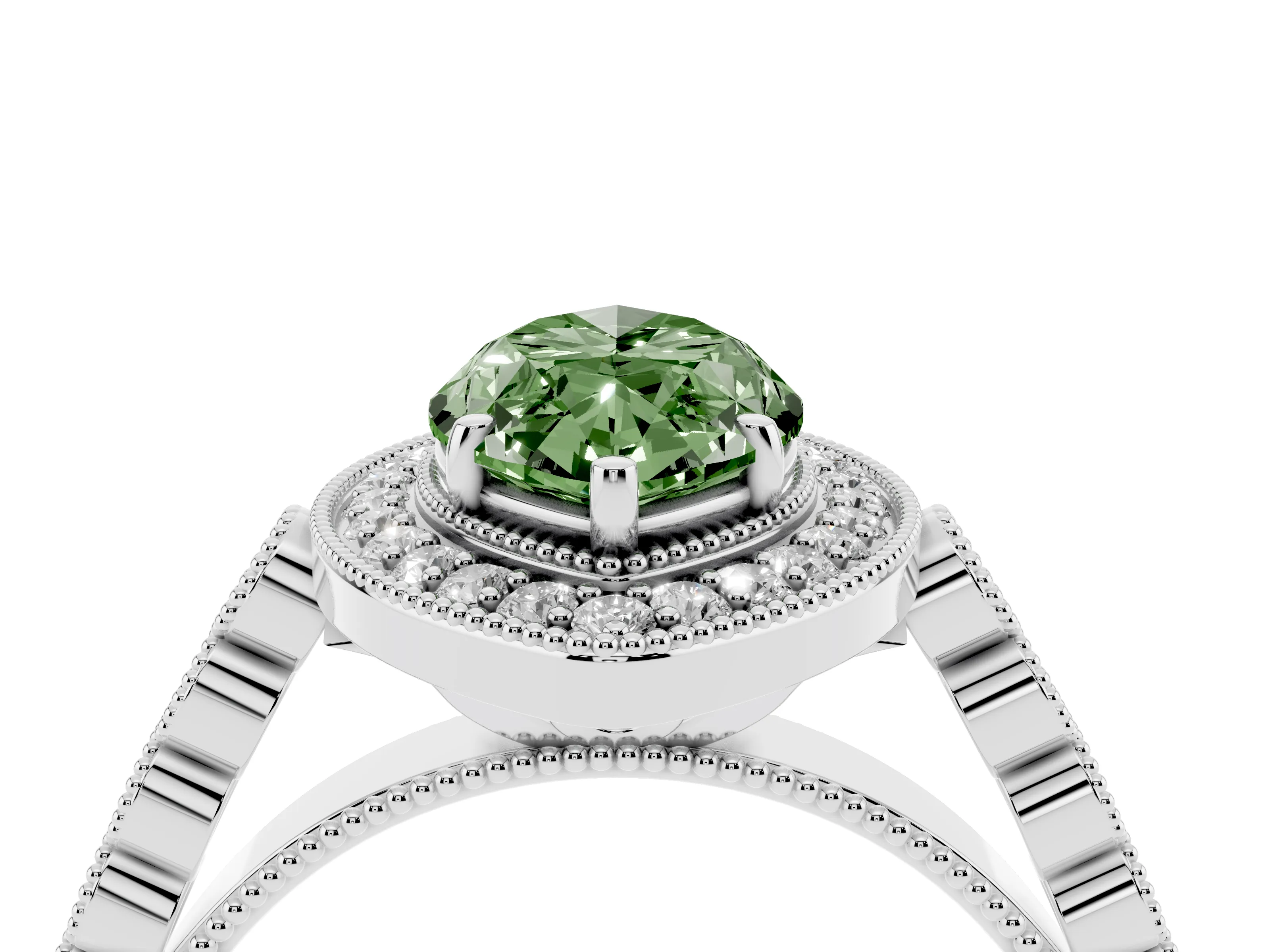 Fancy Green Marquise Cut Diamond Milgrain Halo Solitaire Ring Set in White gold with Bezel Set Side Stones and Pavé Band