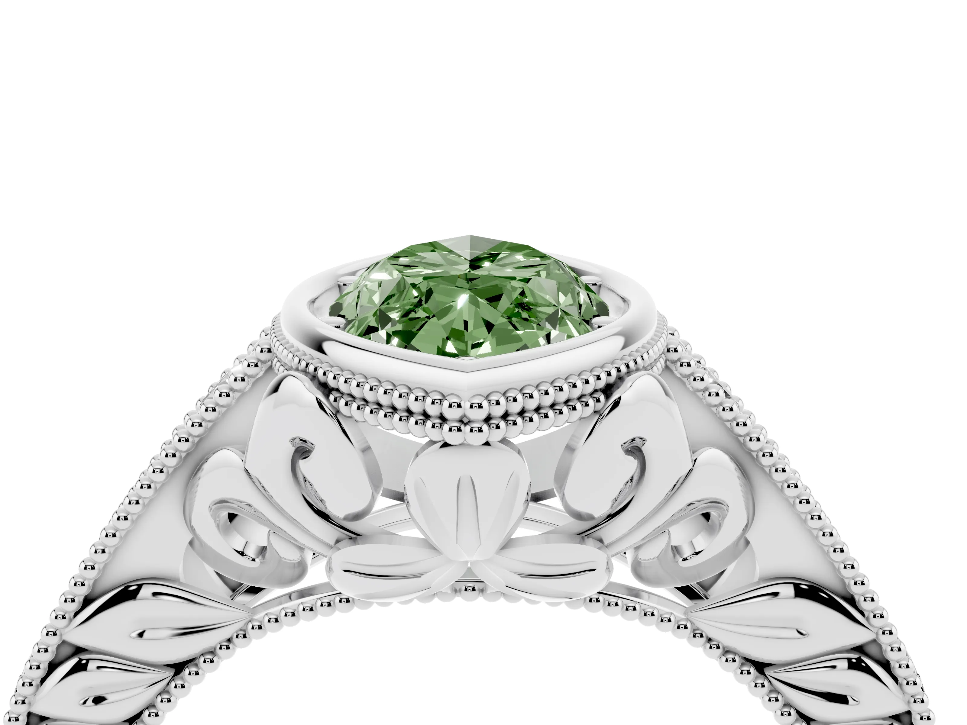 Fancy Green Bezel Set Marquise Cut Diamond Milgrain Pavé Engagement Ring Set in White gold