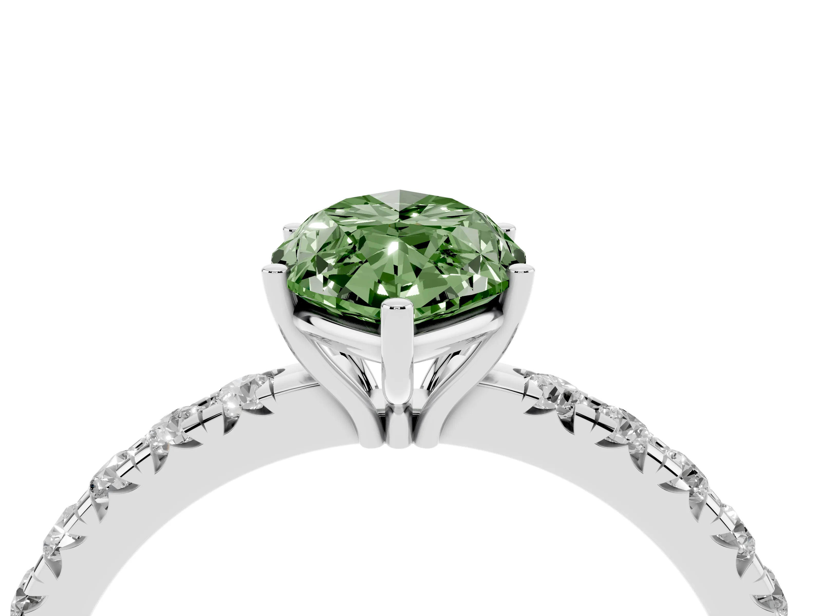 Fancy Green Marquise Cut Diamond Pavé Solitaire Engagement Ring Set in Silver with Prong Setting
