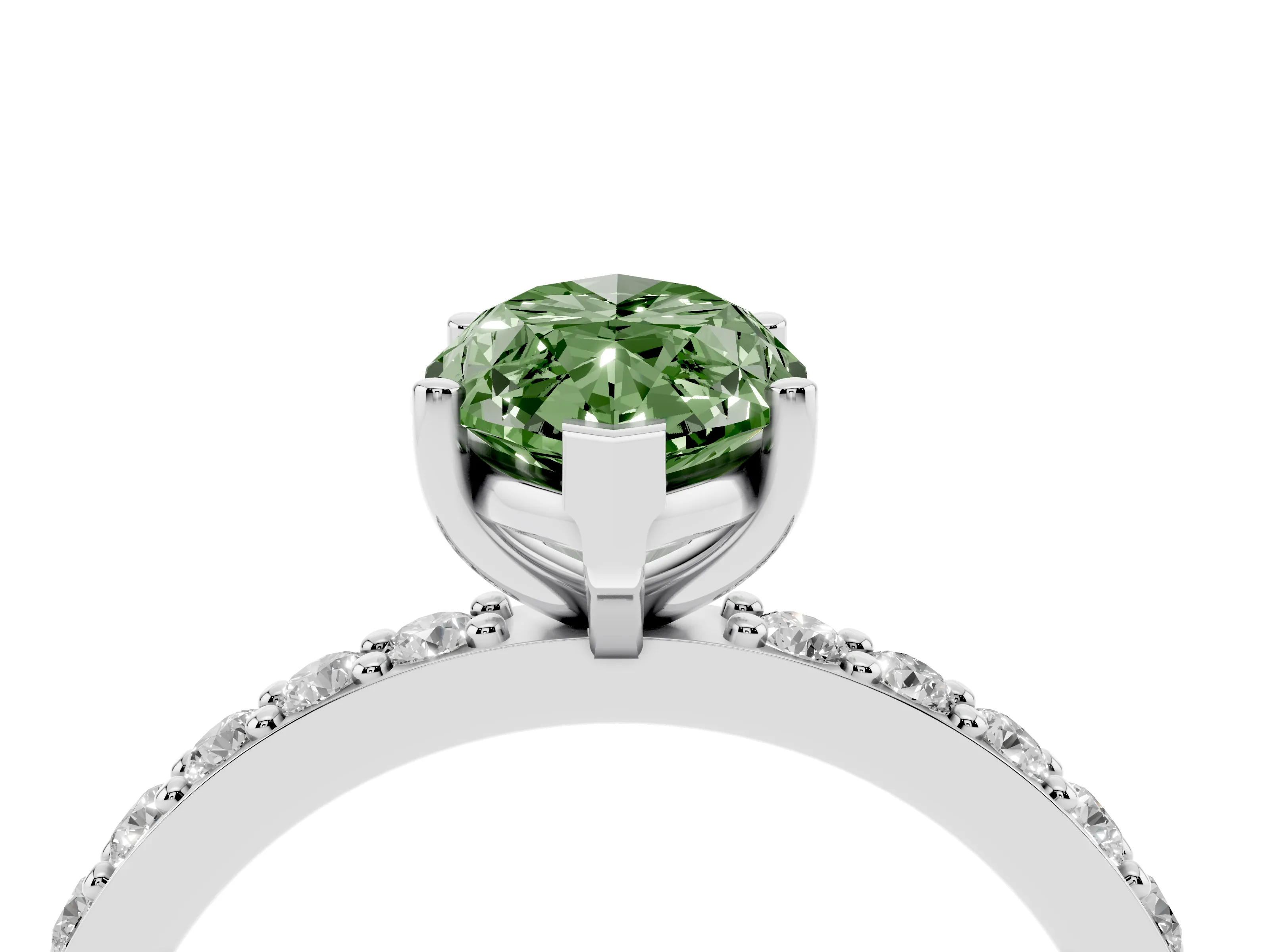 Fancy Green Marquise Cut Diamond Solitaire Set in White gold with Round Pavé Band and Prong Setting