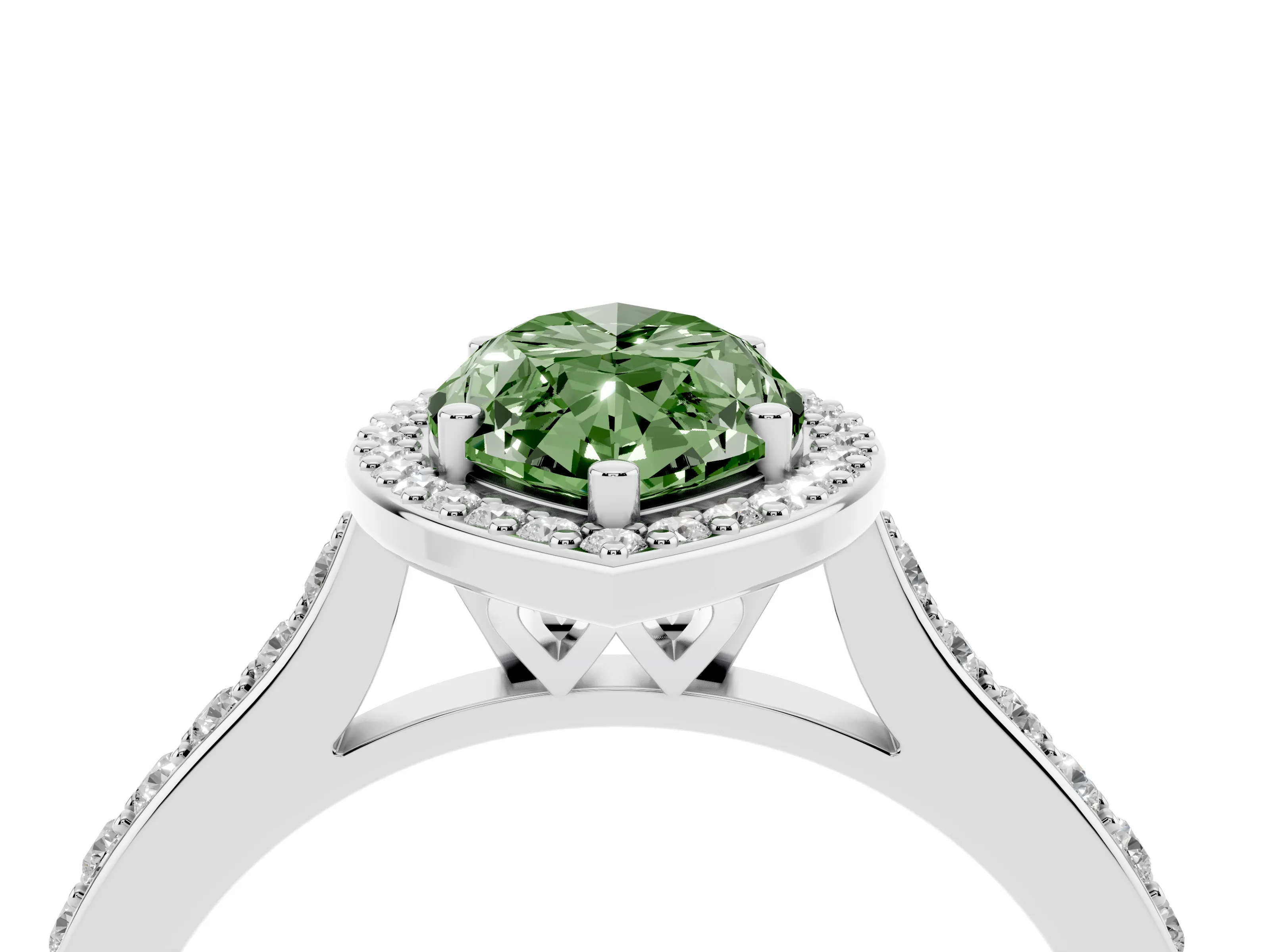 Fancy Green Marquise Cut Diamond Halo Engagement Ring Set in Silver with Round Pavé Shoulders and Heart Gallery