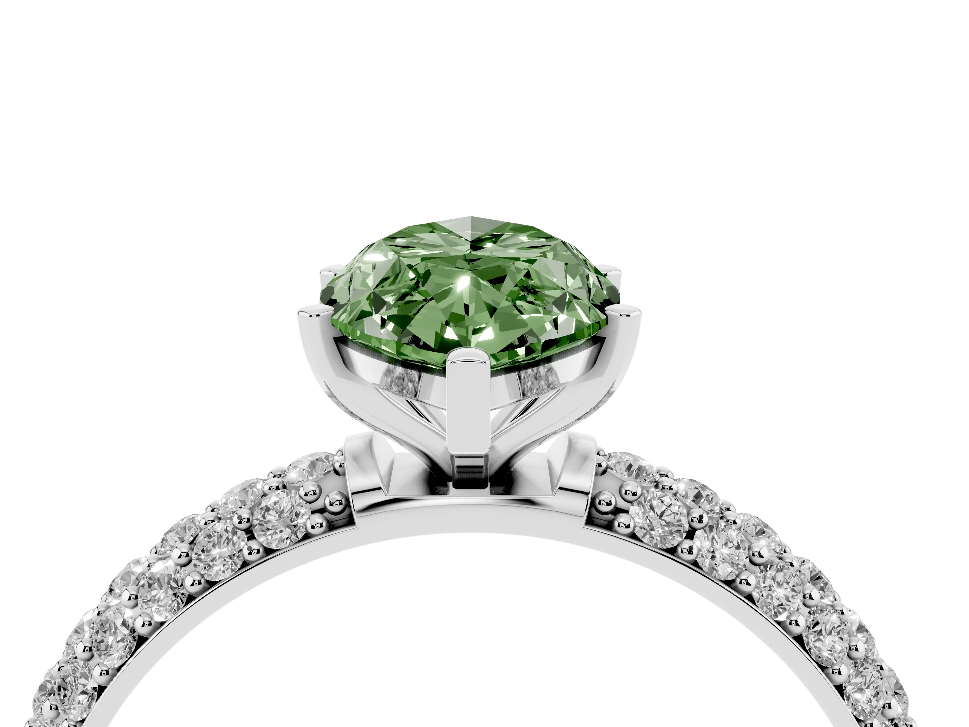 Fancy Green Marquise Cut Diamond Solitaire Ring Set in Platinum with Prong Setting and Pavé-Set Band