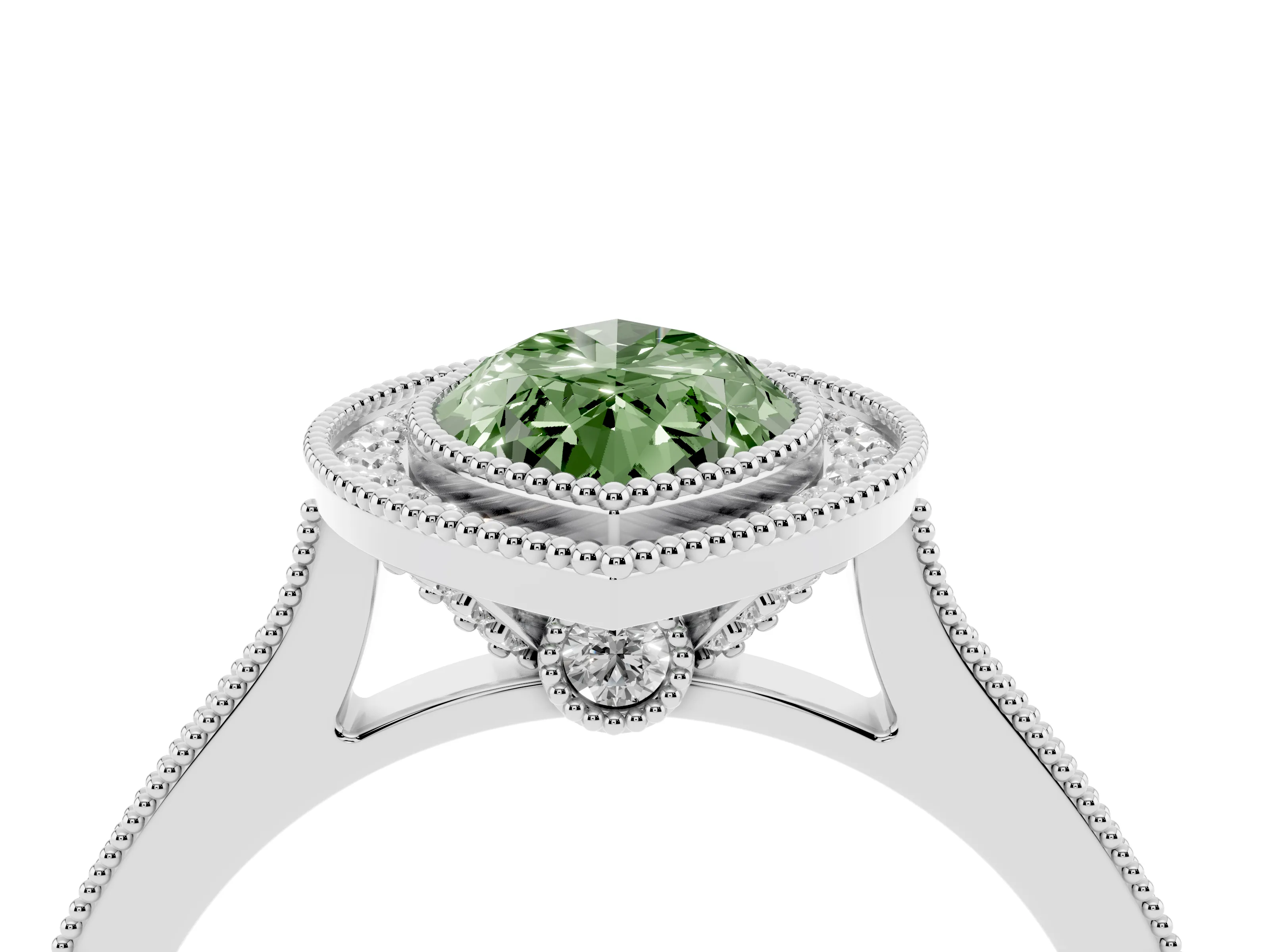 Fancy Green Marquise Cut Diamond Halo Milgrain Pavé Band Ring Set in Platinum with Prong Setting