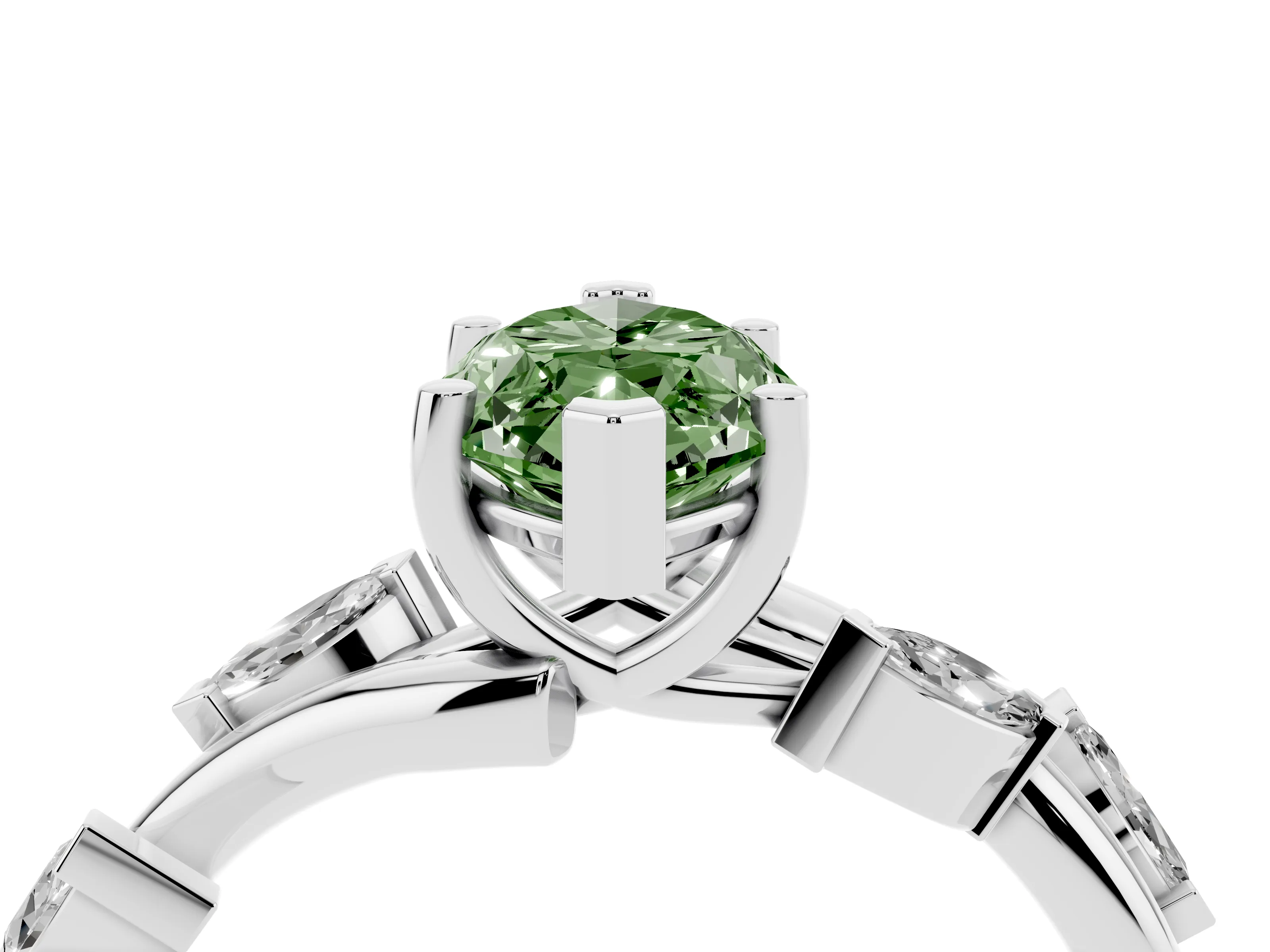 Fancy Green Marquise Cut Diamond Solitaire Ring Set in White gold with Twisted Marquise Accent Band