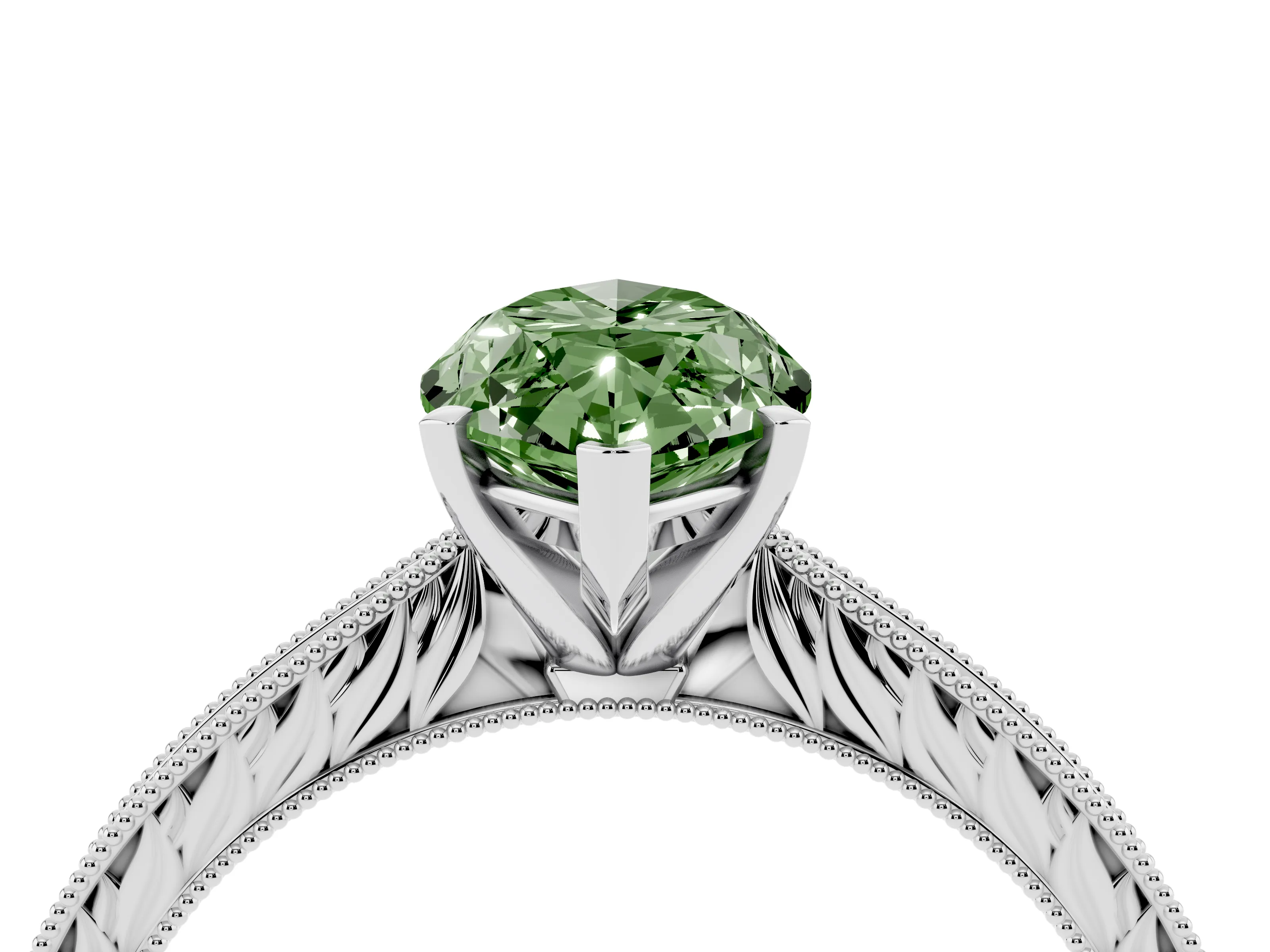 Fancy Green Marquise Cut Diamond Solitaire Milgrain Engraved Band Set in White gold with Prong Setting