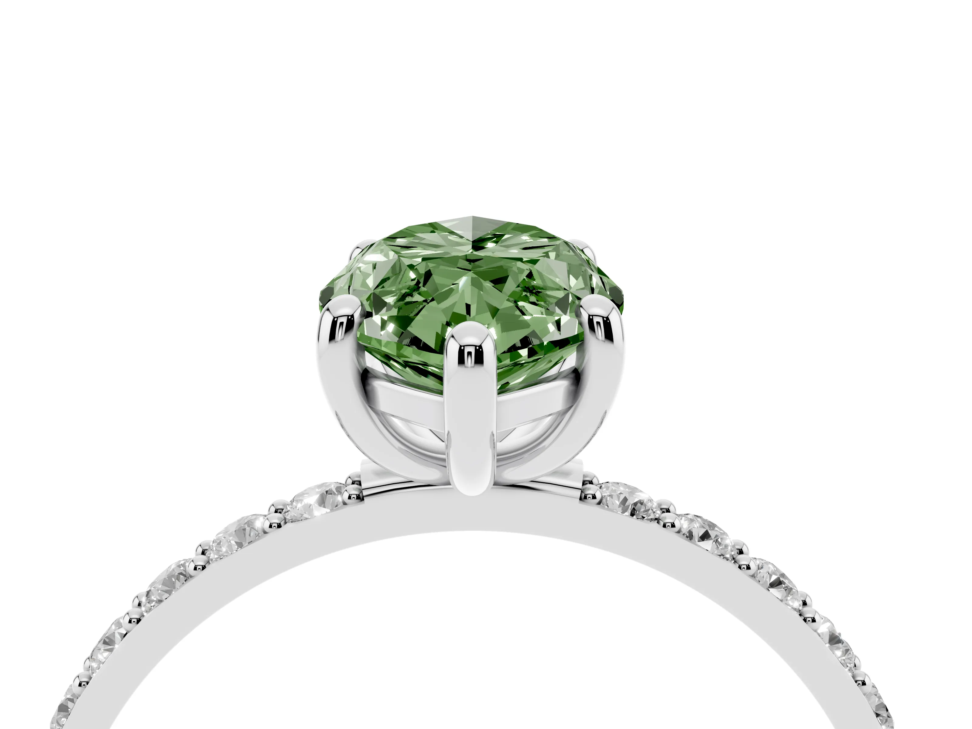 Fancy Green Marquise Cut Diamond Solitaire Ring Set in Silver with Round Pavé Band and Prong Setting
