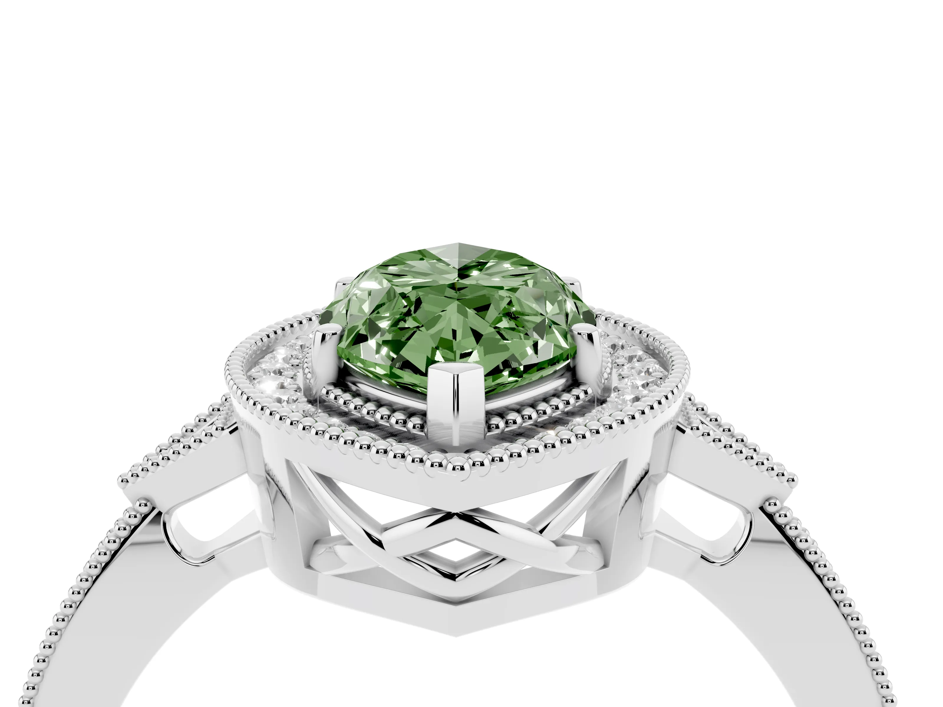 Fancy Green Marquise Cut Diamond Halo Engagement Ring Set in White gold with Milgrain Pavé Band