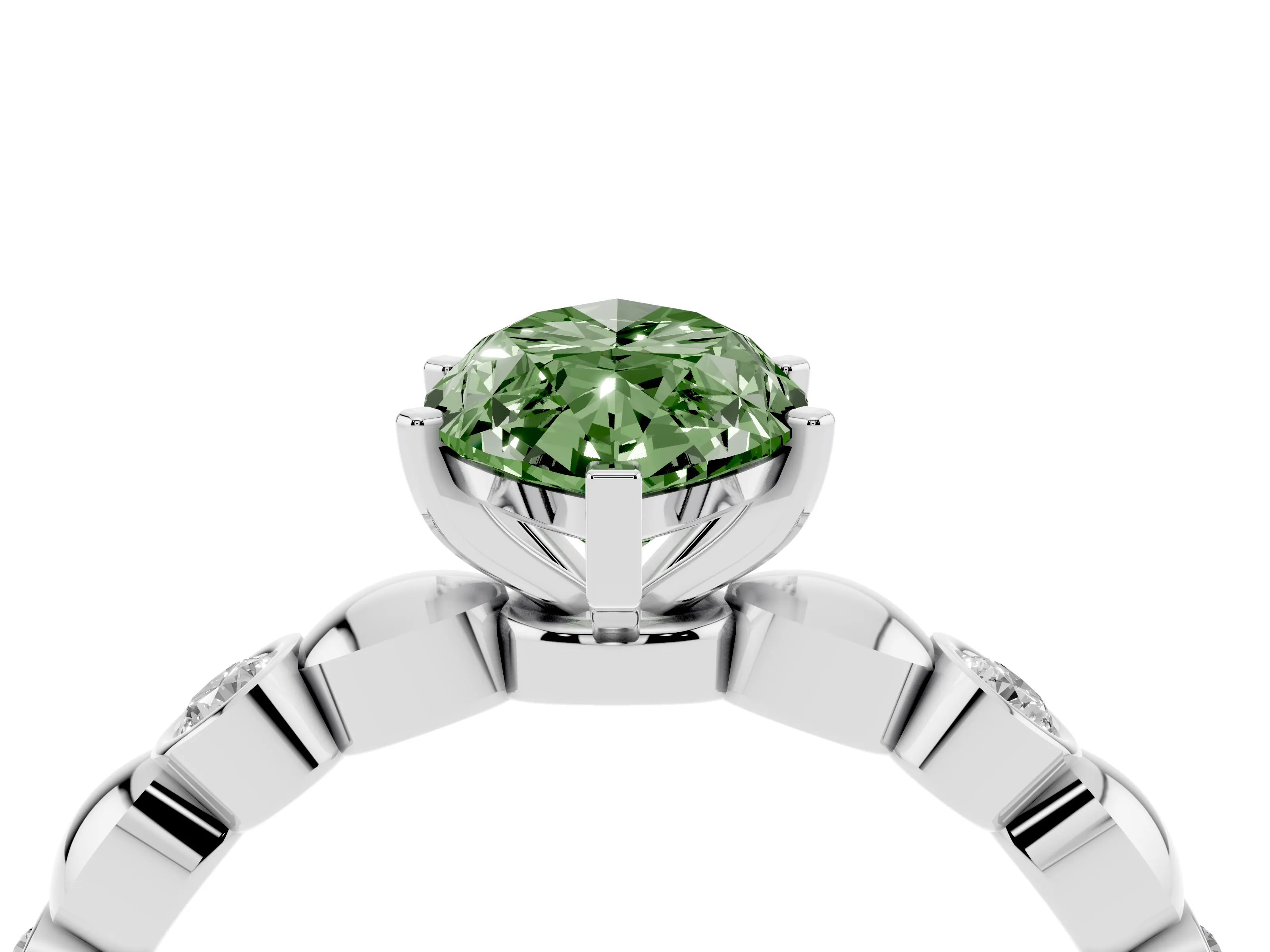 Fancy Green Marquise Cut Diamond Solitaire Ring Set in Silver with Bezel-Set Accents on Beaded Band and Prong Setting