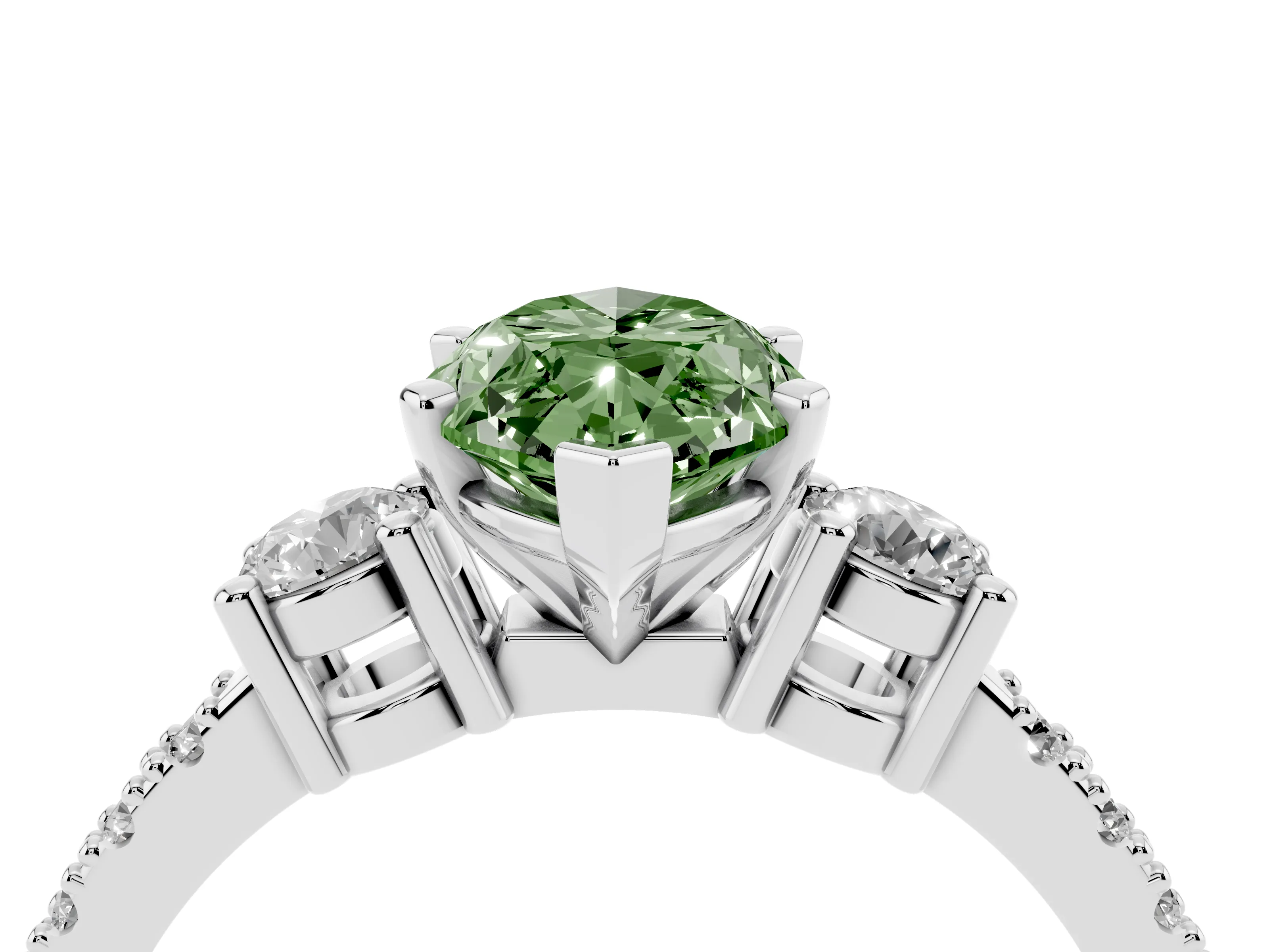 Fancy Green Three-Stone Marquise Cut Diamond Pavé Band Ring Set in Platinum with Prong Setting