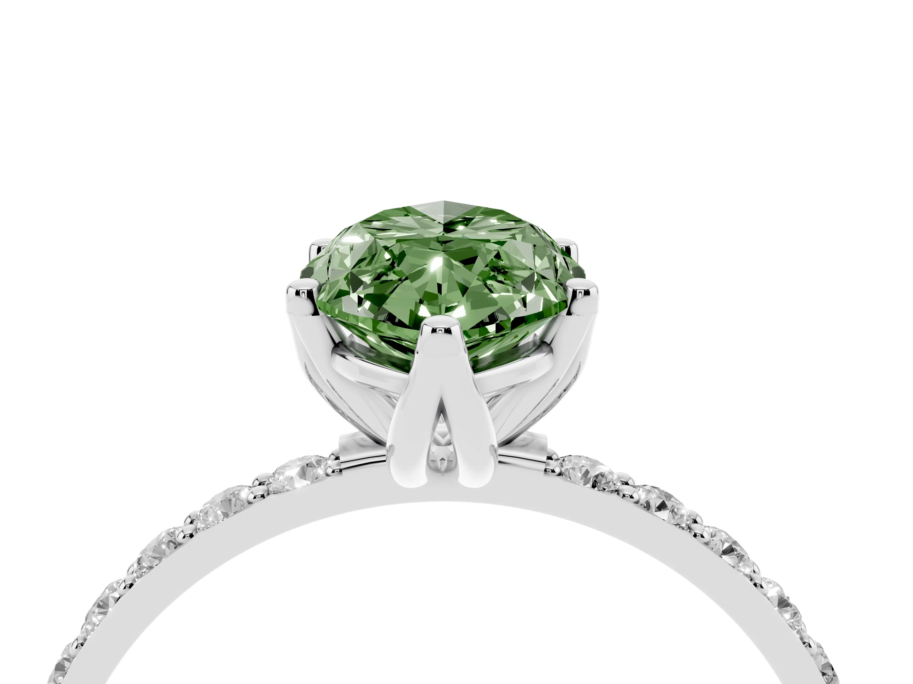 Fancy Green Marquise Cut Diamond Solitaire Engagement Ring Set in Silver with Round Pavé Band and Prong Setting