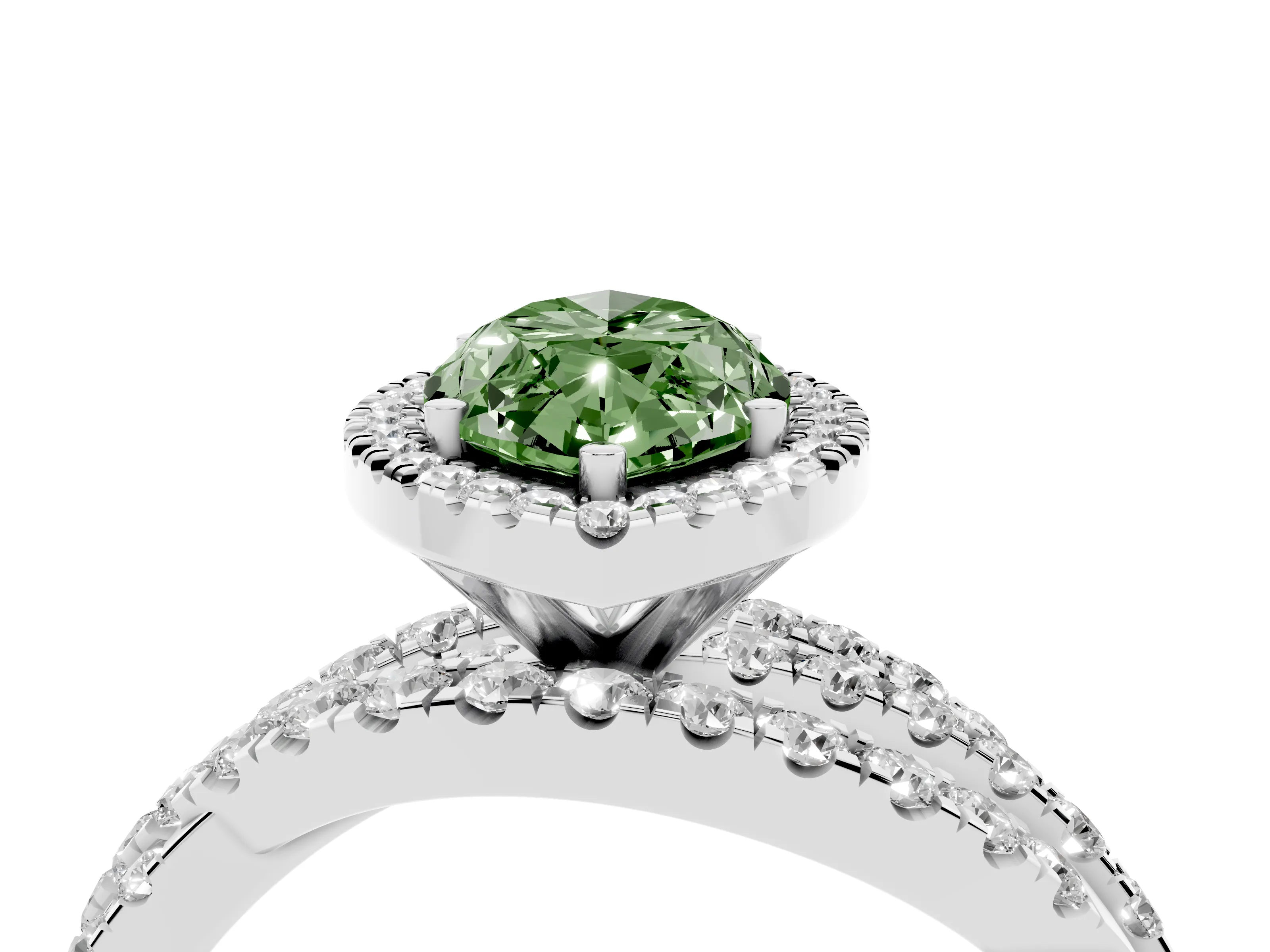Fancy Green Marquise Cut Diamond Halo Ring Set in Platinum with Round Crossover Split Shank and Prong Setting