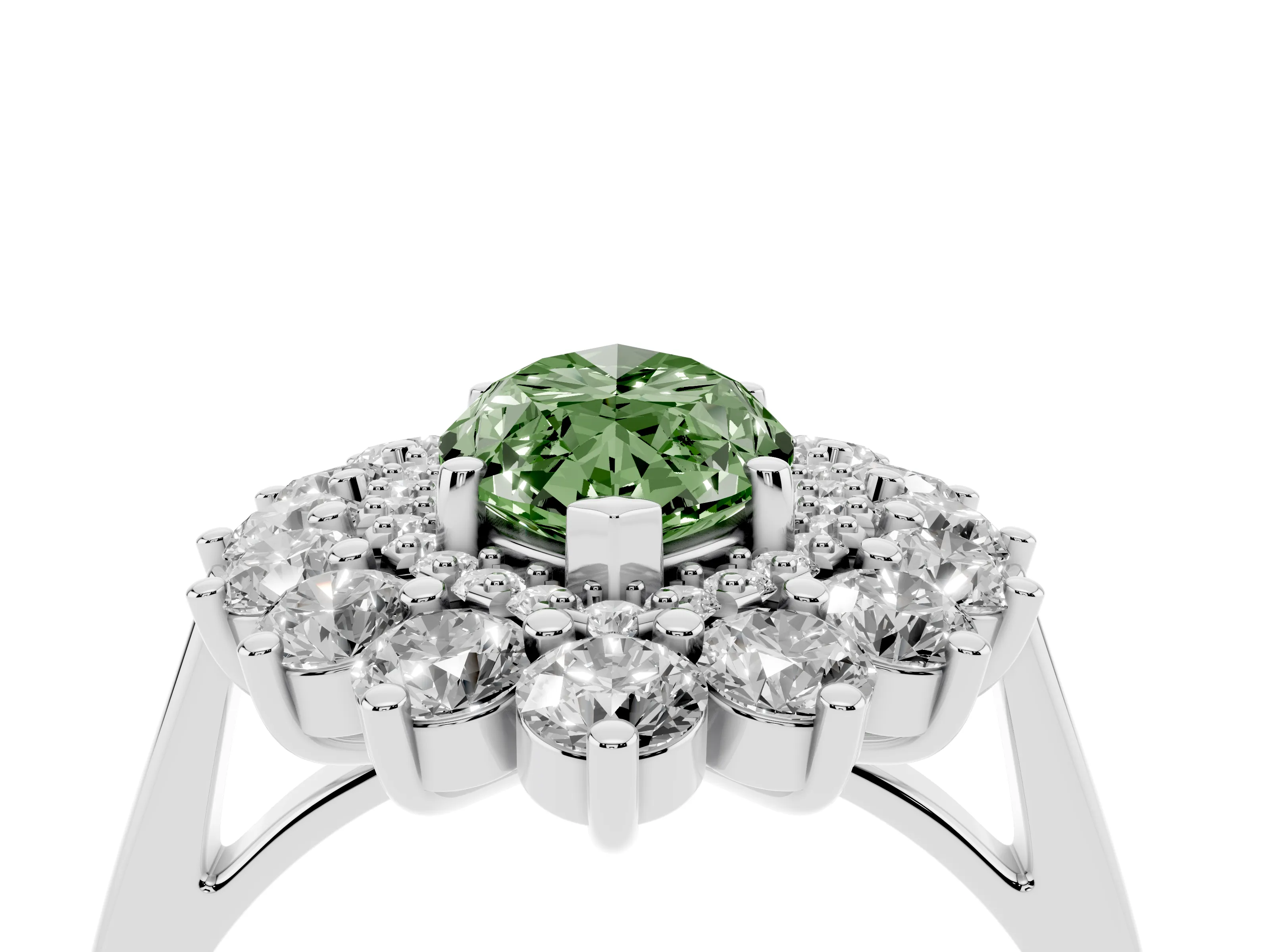 Fancy Green Marquise Cut Diamond Floral Double Halo Ring Set in Silver with Round Petals
